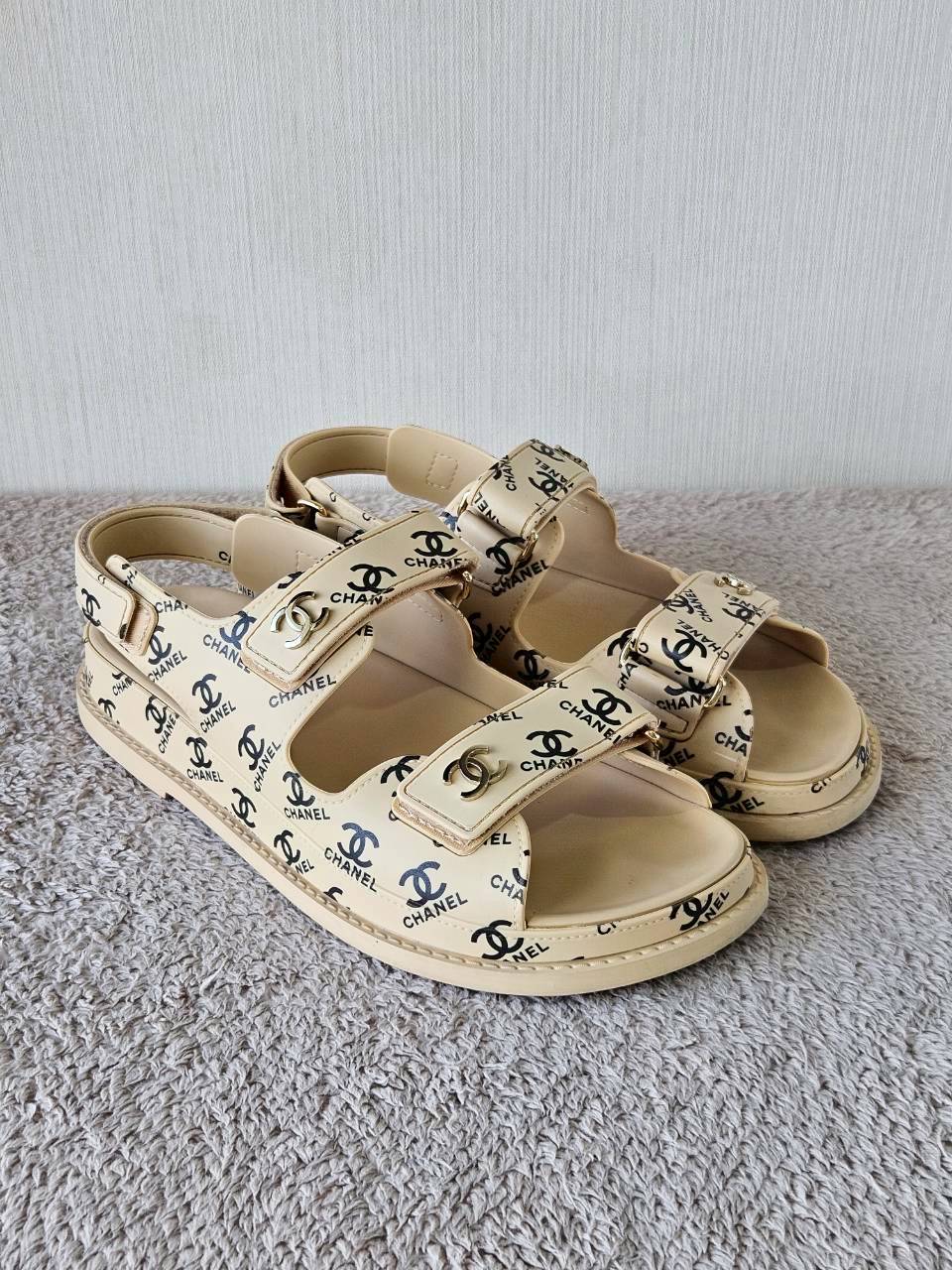 Chanel CC Dad Sandals In Rubber with God Hardware Beige