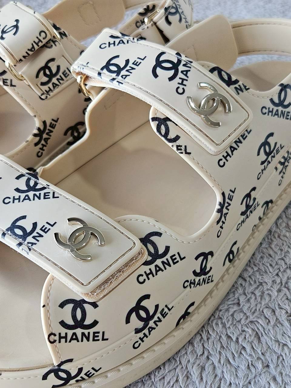 Chanel CC Dad Sandals In Rubber with God Hardware Beige