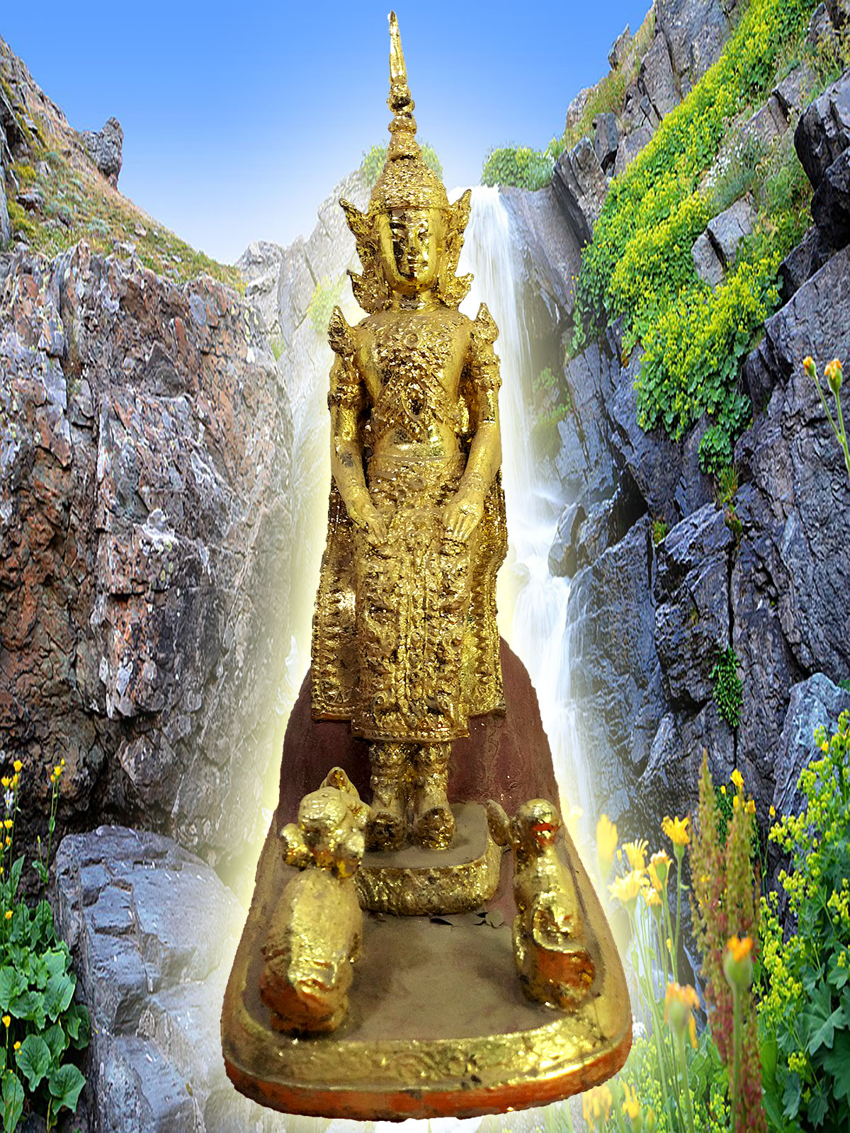 พระรัตนะปางป่าเลไลย์ เนื้อสำริดลงรักปิดทอง สูง 15 นิ้ว