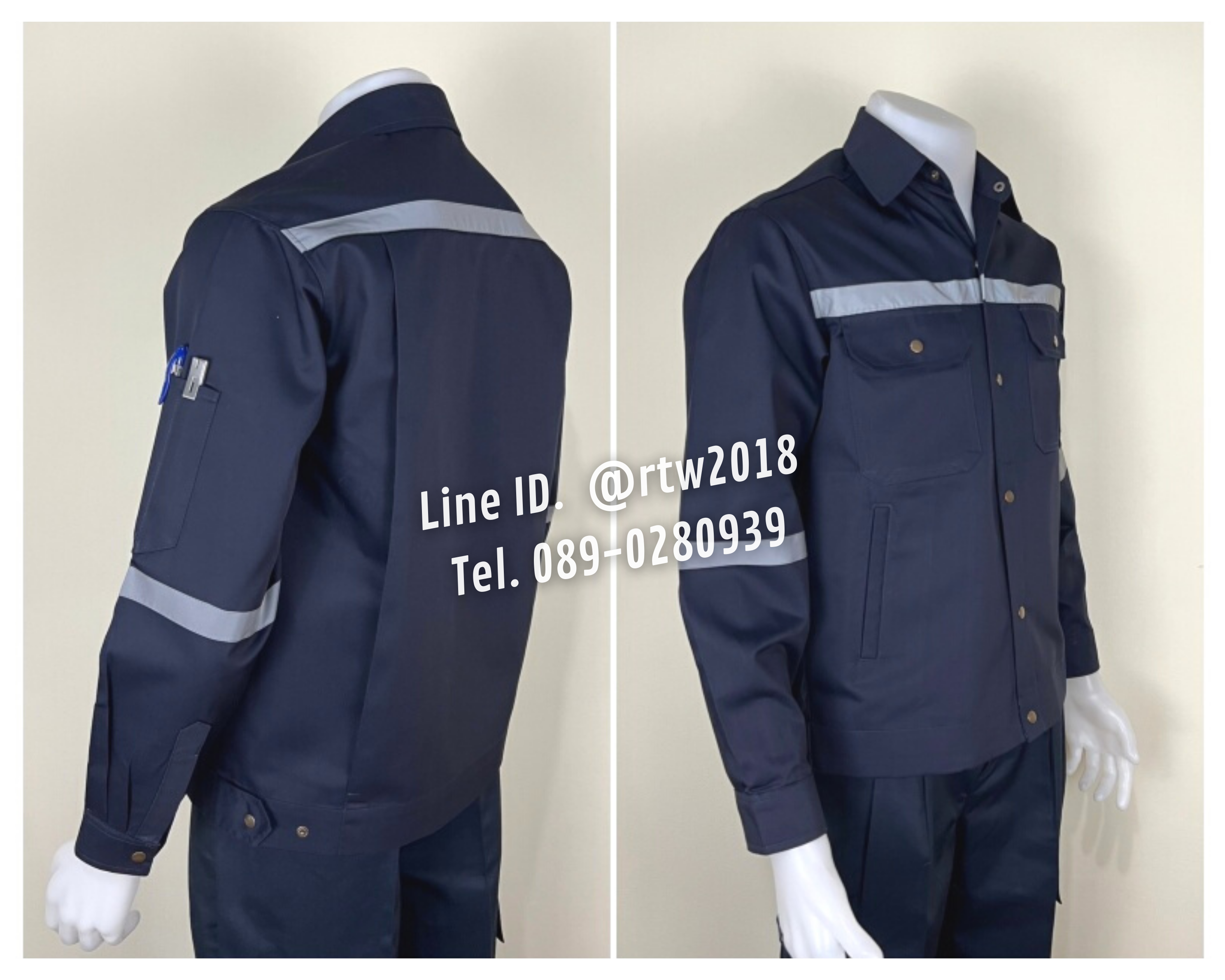 รหัส AB12.1 : เสื้อช่างแจ็คเก็ตแขนยาวผ้าคอมทวิวสีกรมท่า 4 กระเป๋า (ติดสะท้อนแสง)