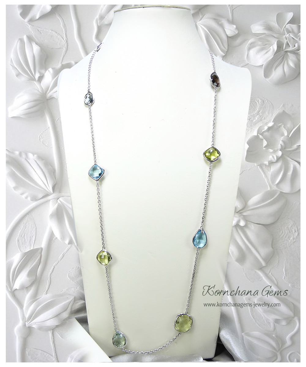 สร้อยคอพลอยแท้ สร้อยยาวแบบสวมหัวได้ โทนสีหวานๆด้วยม่วงอเมทิสท์สลับกรีนอเมทิสท์ และสกายบลูโทพาสสีฟ้าใส ตัวเรือนเงินแท้ สวมหัวได้เลยค่ะ