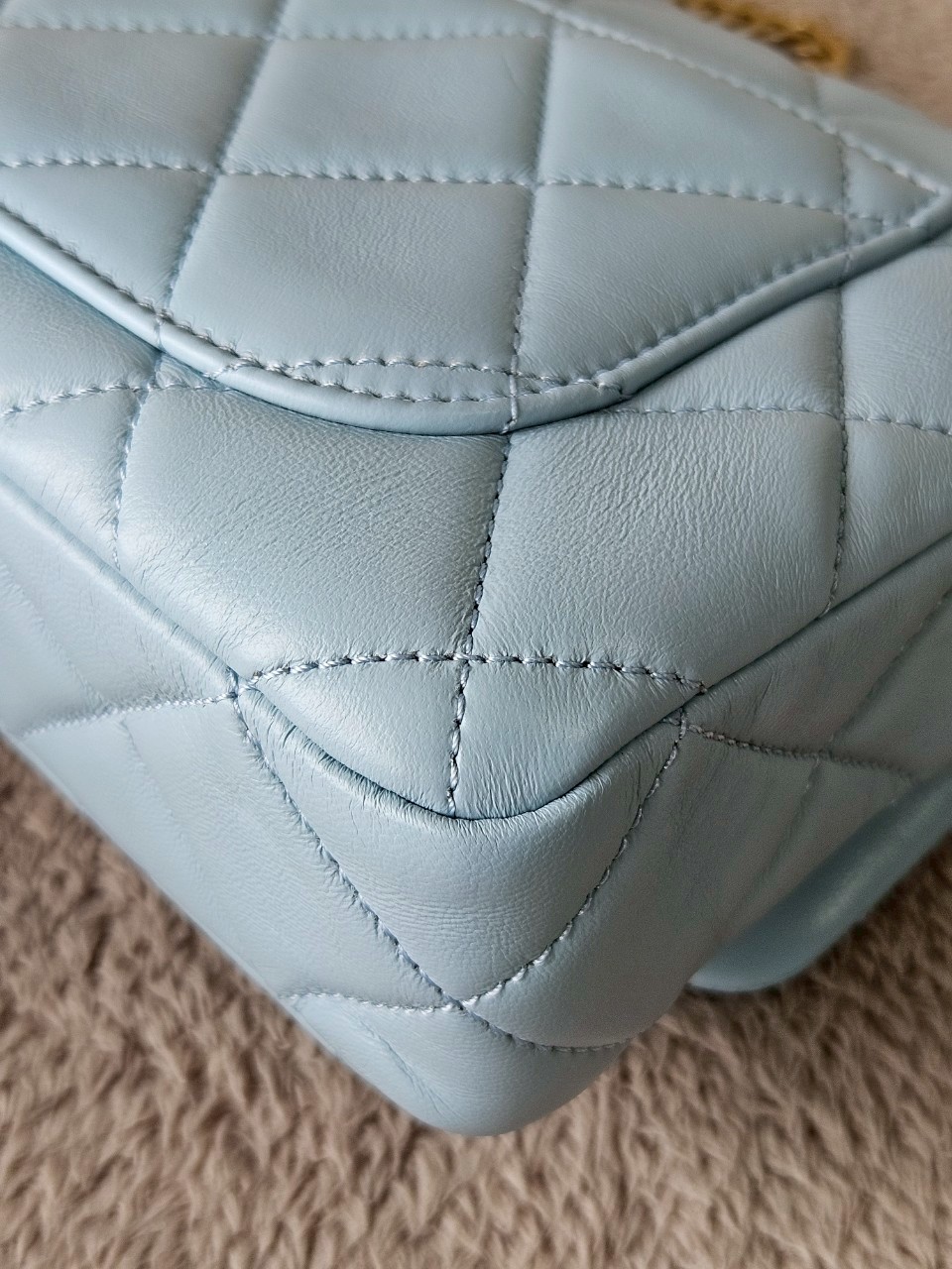 Chanel 22P Seasonal Mini Square Flap Bag Lambskin Light Blue And Enamel With Gold Hardware Metalplate