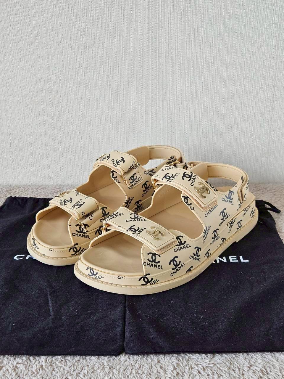 Chanel CC Dad Sandals In Rubber with God Hardware Beige