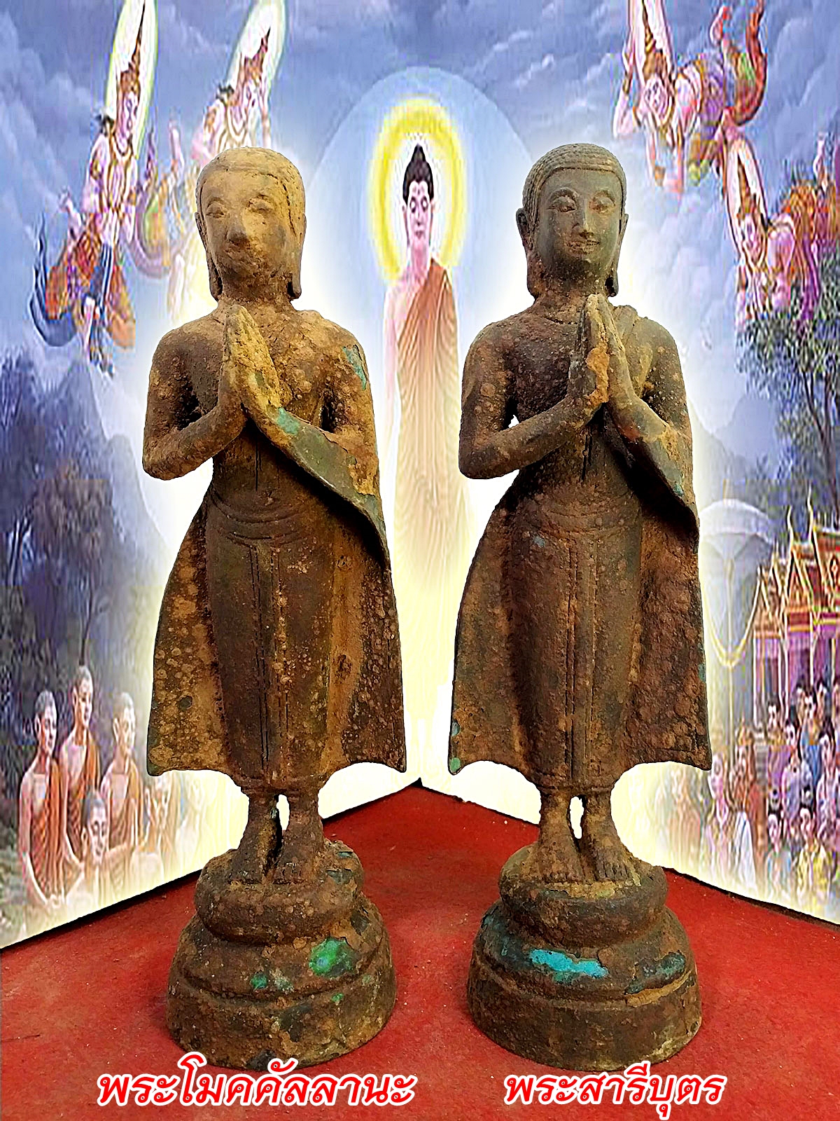 พระโมคคัลลานะ พระสารีบุตร สูง 12 นิ้ว เนื้อสำริดสภาพเก่า