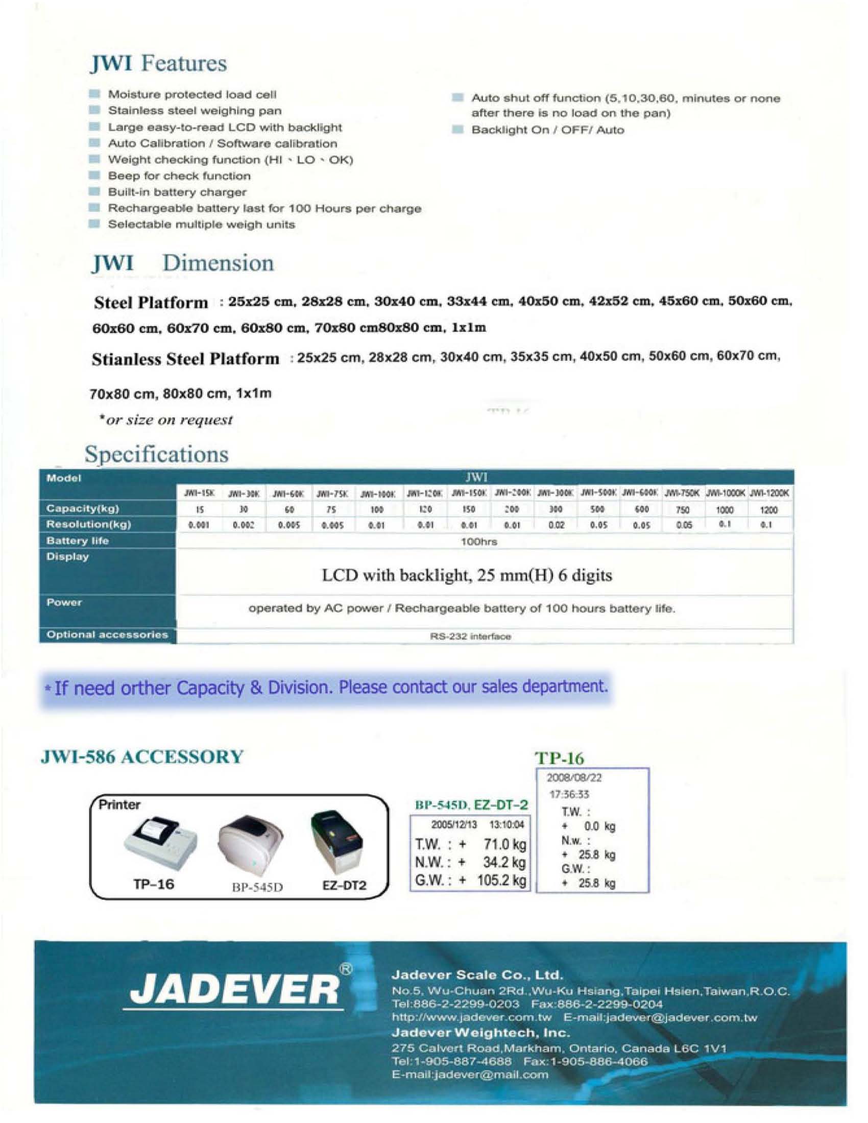 JADEVER เครื่องชั่งดิจิตอลเครื่องชั่งตั้งพื้นขนาด100Kg JWI 586