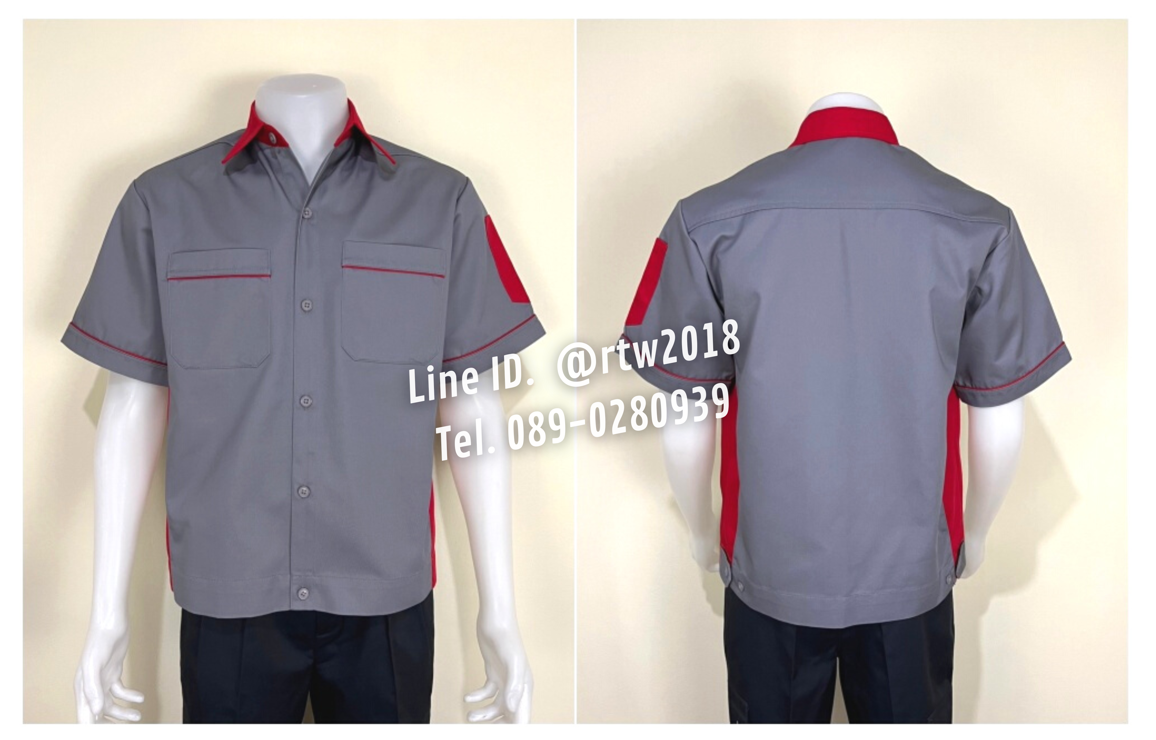 รหัส A11.11 : เสื้อช่างแขนสั้นผ้าคอมทวิวสีเทาข้างแดง