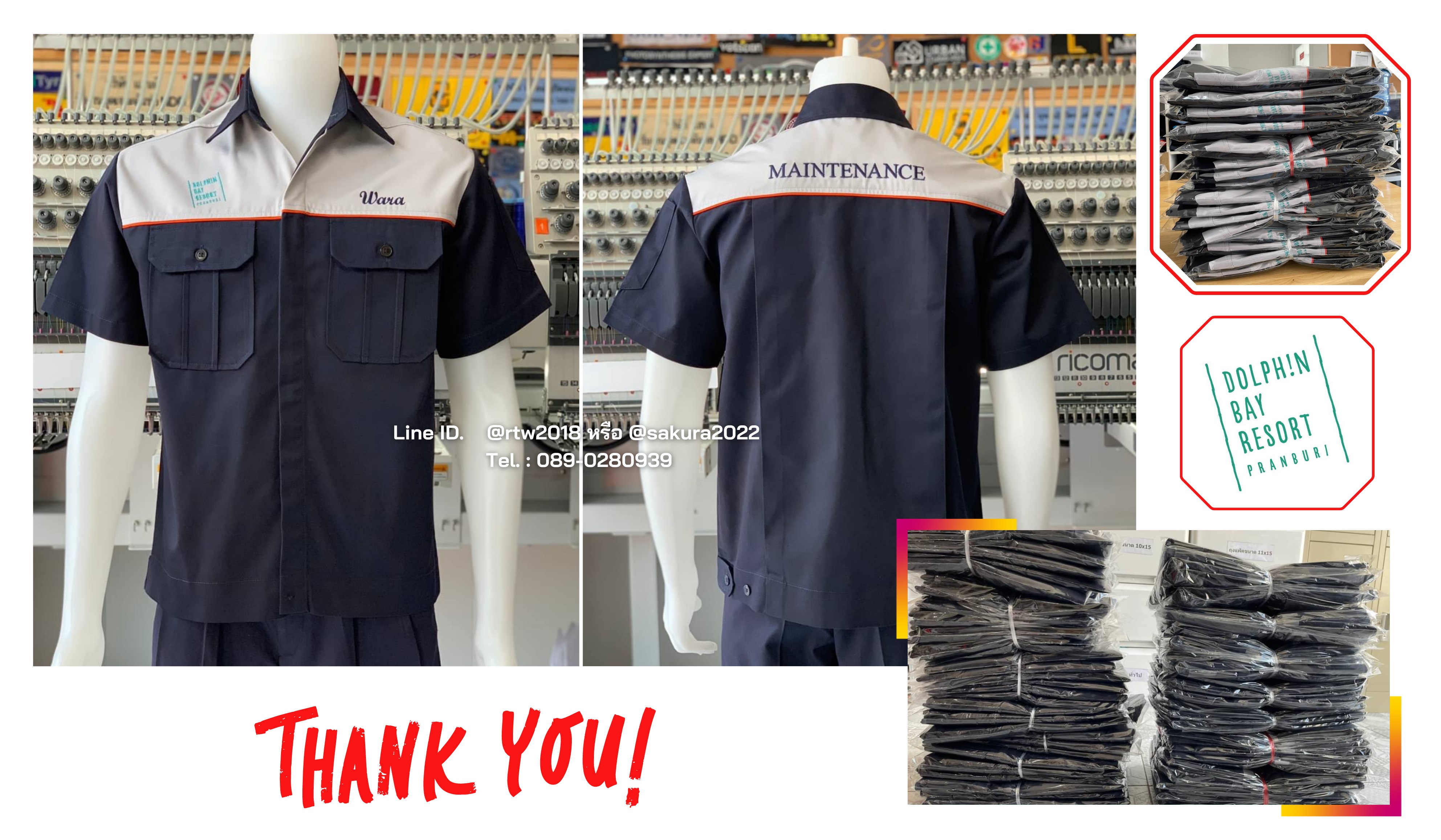 รหัส A21 : เสื้อช่างแขนสั้นผ้าคอมทวิวสีกรมท่าอกเทาอ่อนกุ้นส้ม (ซ่อนสาบ) (วอลโว่)