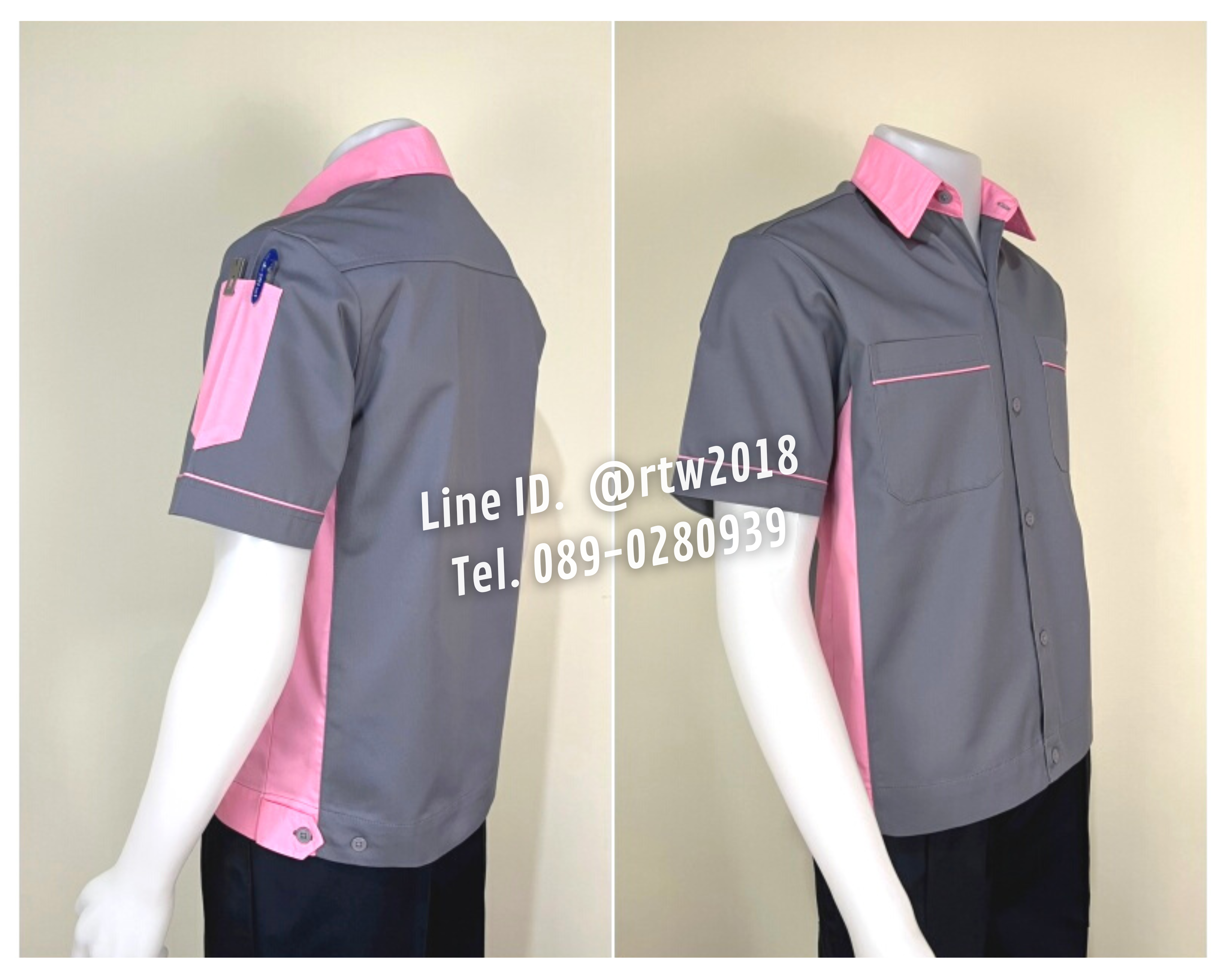 รหัส A11.14 : เสื้อช่างแขนสั้นผ้าคอมทวิวสีเทาข้างชมพูอ่อน