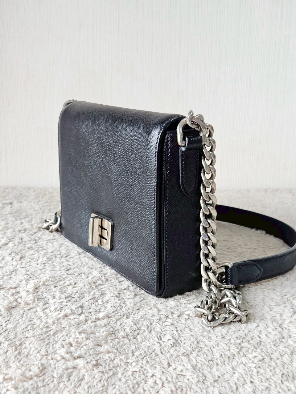 Prada 1BH014 Black Saffiano Leather Chain Shoulder Bag