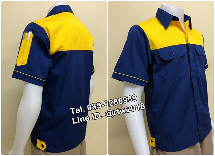 เสื้อช็อปแขนสั้นแบบน้ำเงินอกเหลืองกระดุมซ่อนสาบ (รหัส A4)