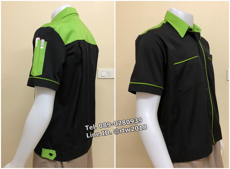 รหัส A57 : เสื้อช่างแขนสั้นแบบดำบ่าเขียว