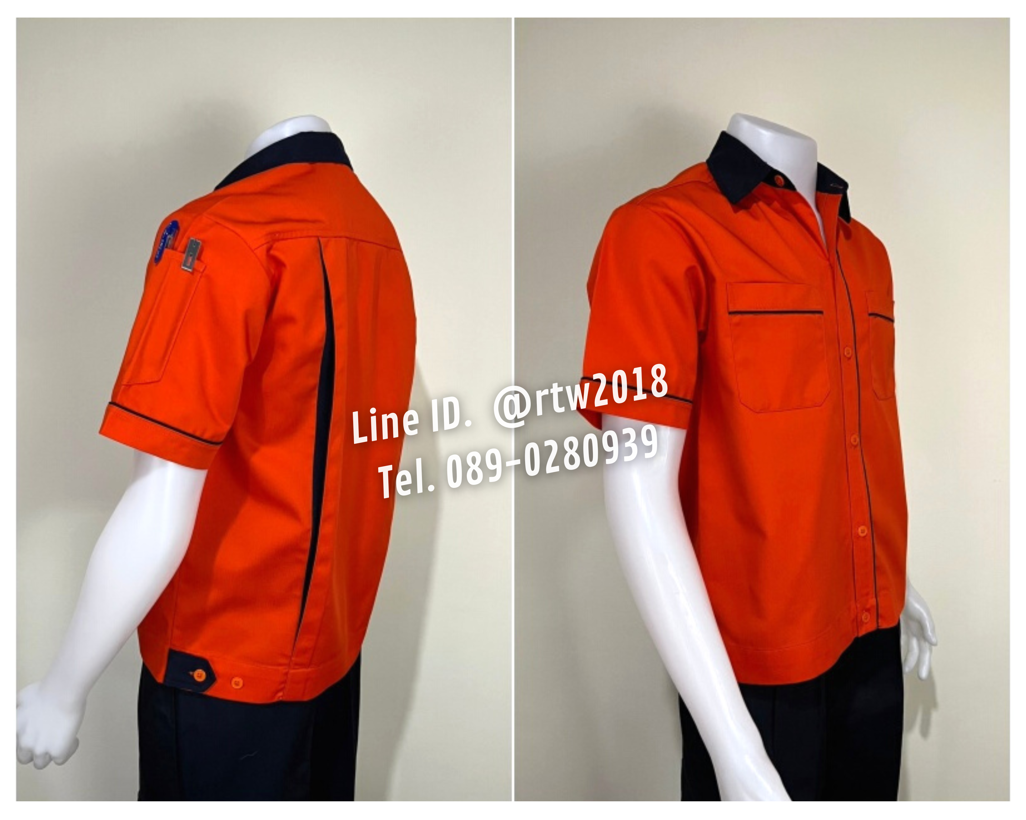 รหัส A15.3 : เสื้อช่างแขนสั้นผ้าคอมทวิวสีส้มกุ้นกรมท่า