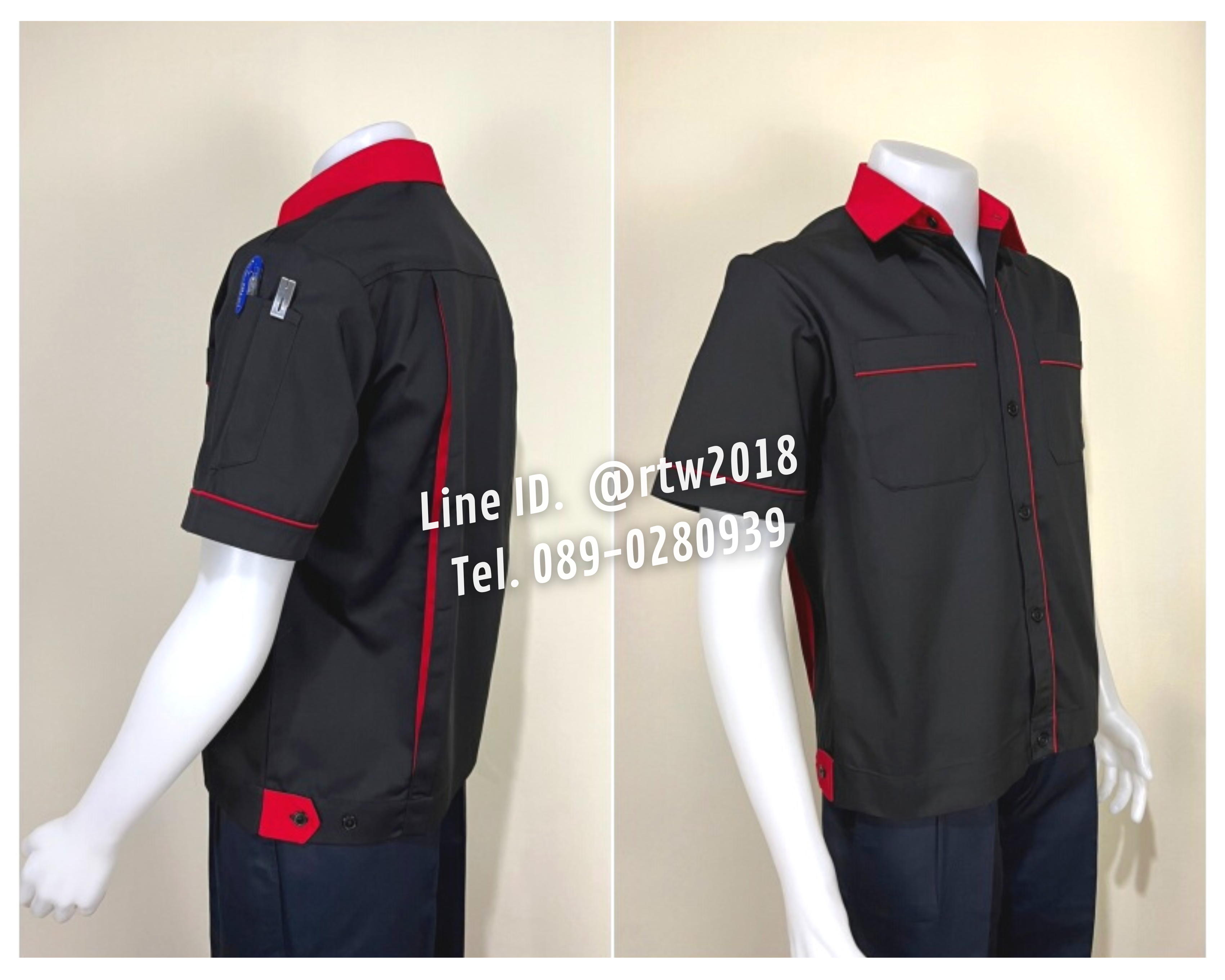 รหัส A7.9 : เสื้อช่างแขนสั้นผ้าคอมทวิวสีดำกุ้นแดง