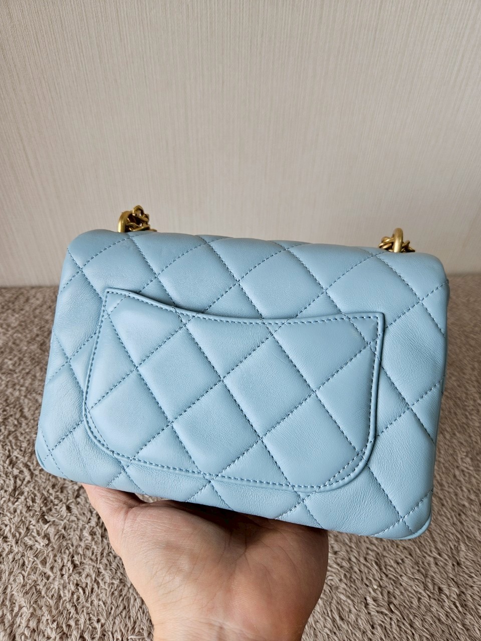 Chanel 22P Seasonal Mini Square Flap Bag Lambskin Light Blue And Enamel With Gold Hardware Metalplate