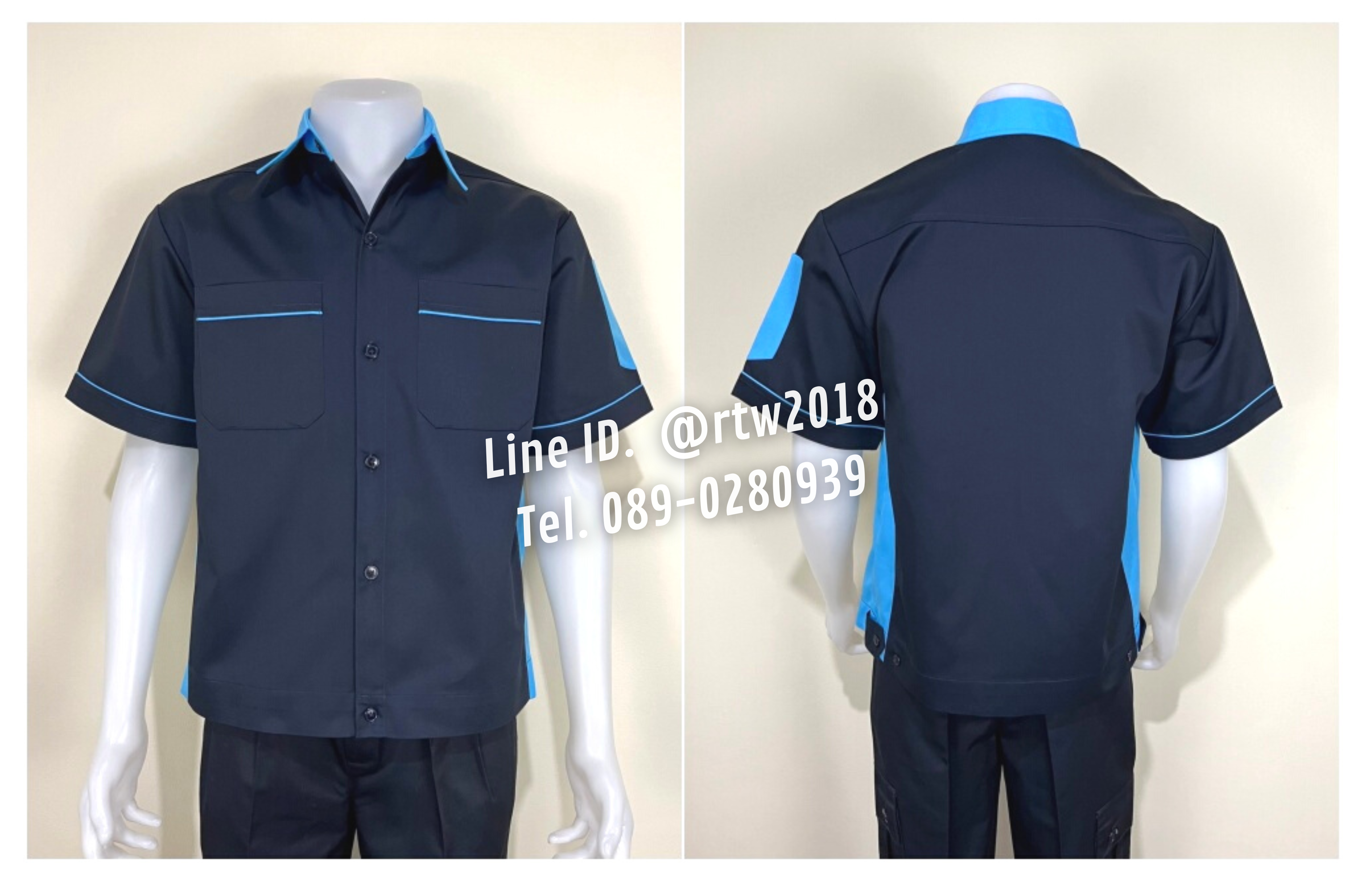 รหัส A12.2 : เสื้อช่างแขนสั้นผ้าคอมทวิวสีกรมท่าข้างฟ้าอ่อน