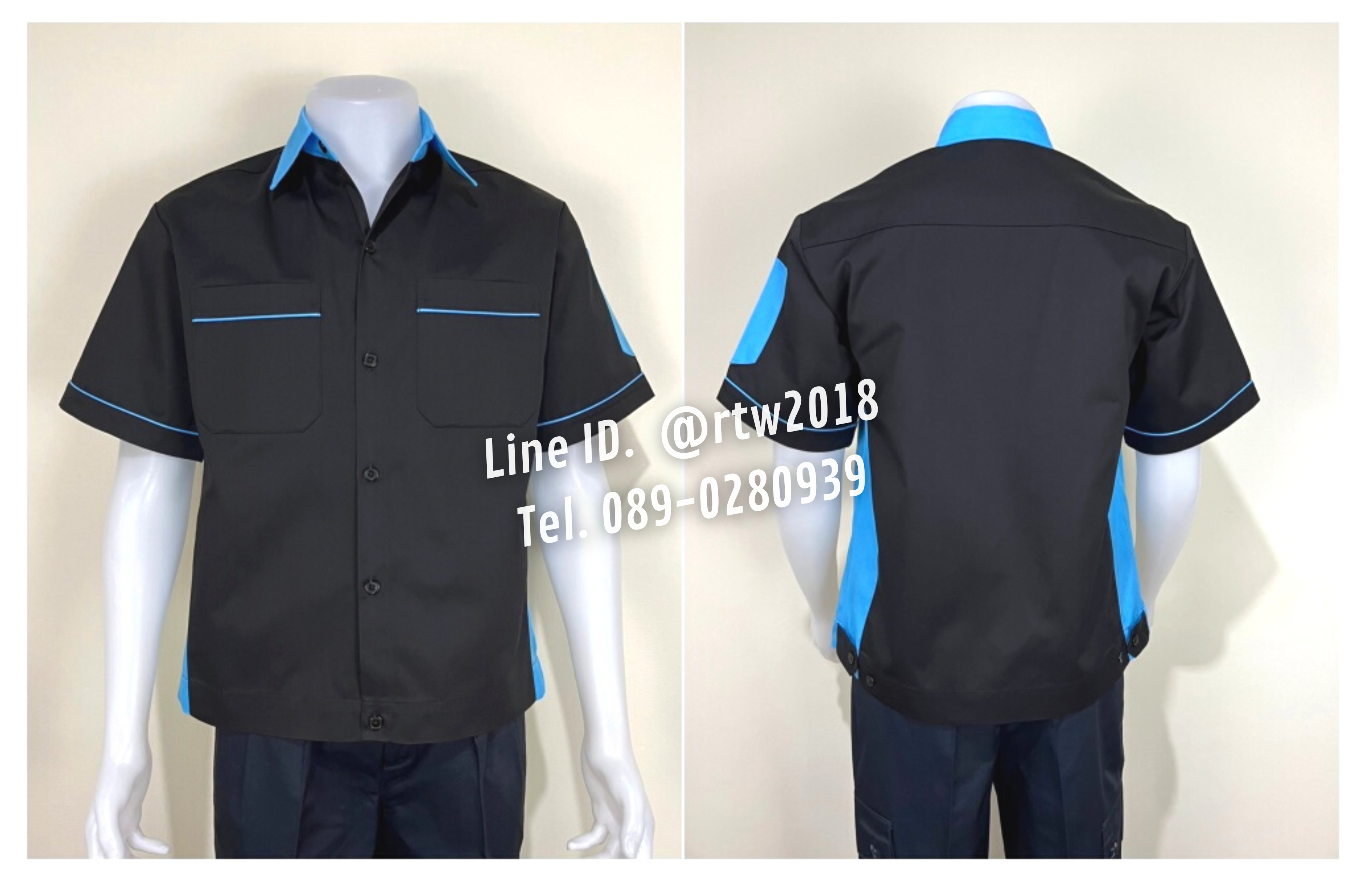 รหัส A13.2 : เสื้อช่างแขนสั้นผ้าคอมทวิวสีดำข้างฟ้าอ่อน