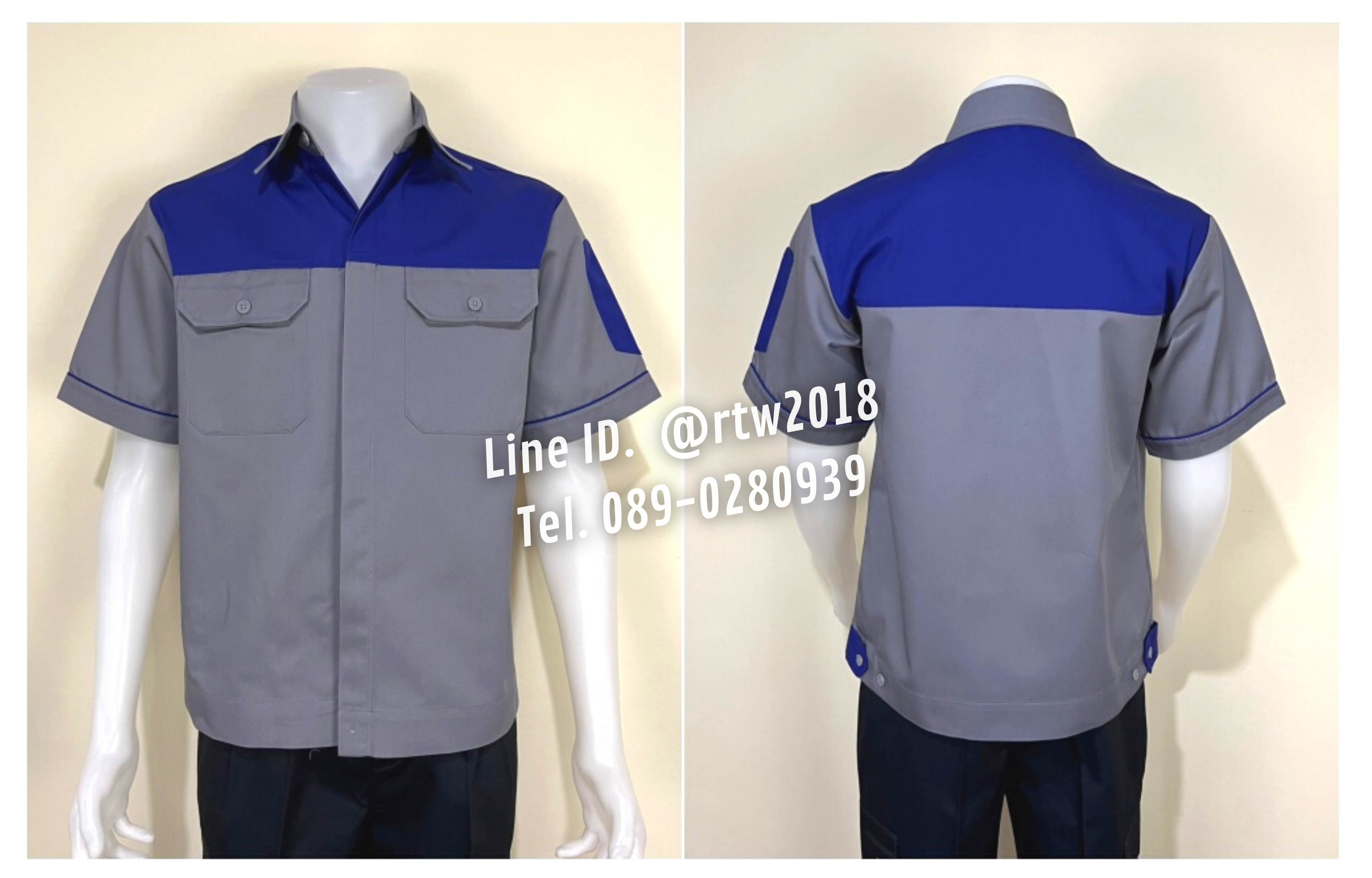 รหัส A8.2 : เสื้อช่างแขนสั้นผ้าคอมทวิวเทาอกน้ำเงิน (ซ่อนสาบ)