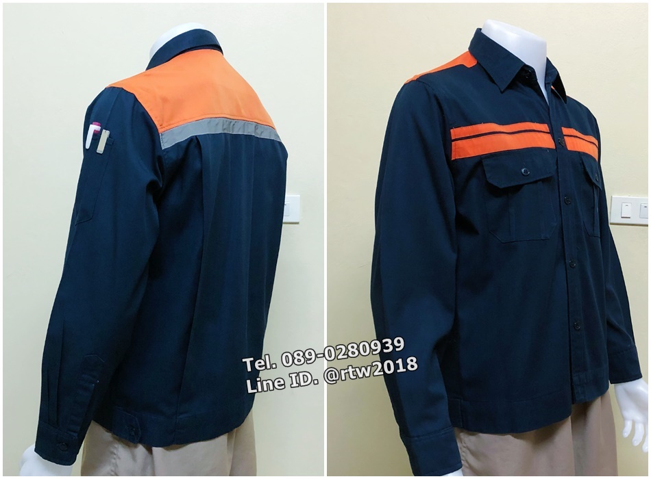 รหัส A74 : เสื้อช็อปแขนยาวผ้าคอมแบบกรมคาดอกส้มคู่กุ้นสะท้อนหล้งเทา (ยังไม่ติดสะท้อนแสง)