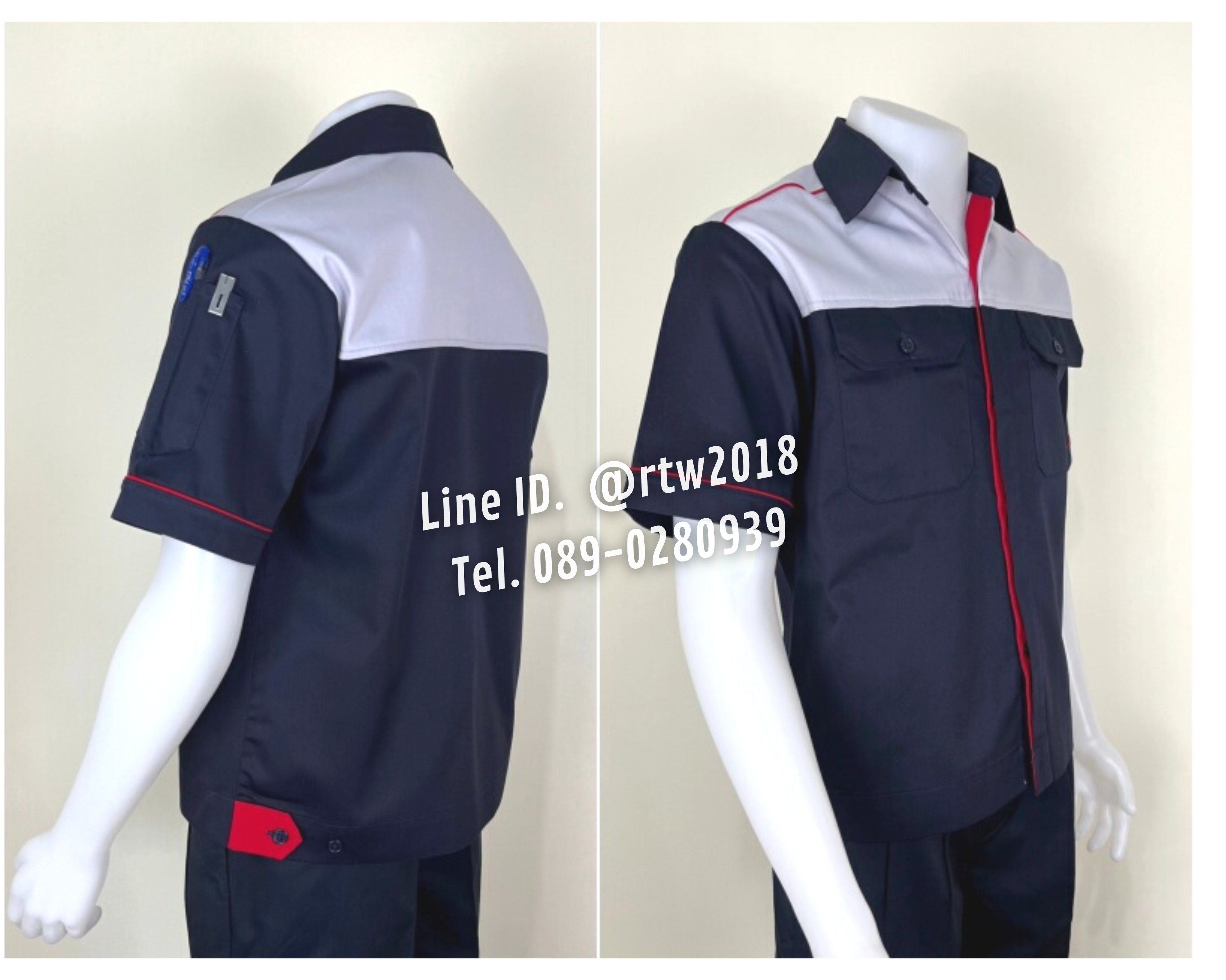 รหัส A18 : เสื้อช่างแขนสั้นผ้าคอมทวิวสีกรมท่าอกเทาอ่อนแต่งแดง (พิเศษกุ้นบ่า)