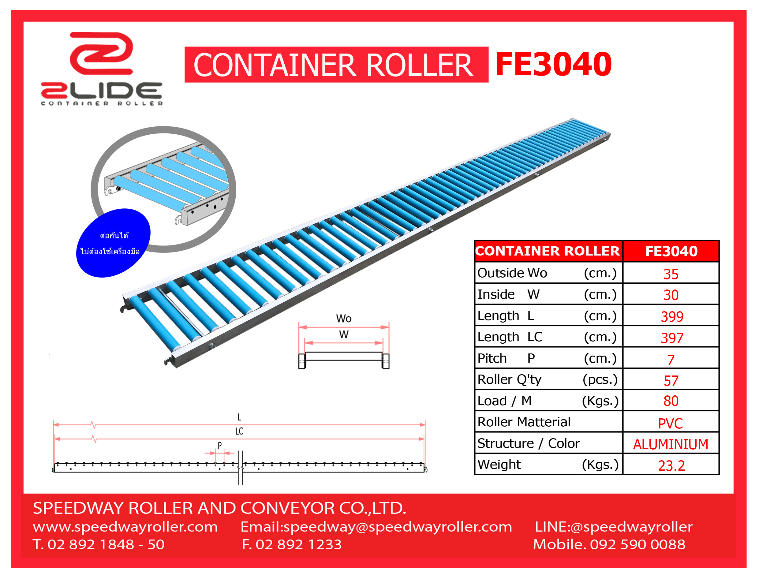 Zlide Container Roller รางลูกกลิ้ง อลูมิเนียม FE3040 W30 x L400 ( กว้าง 30 ซม , ยาว 4 ม. )