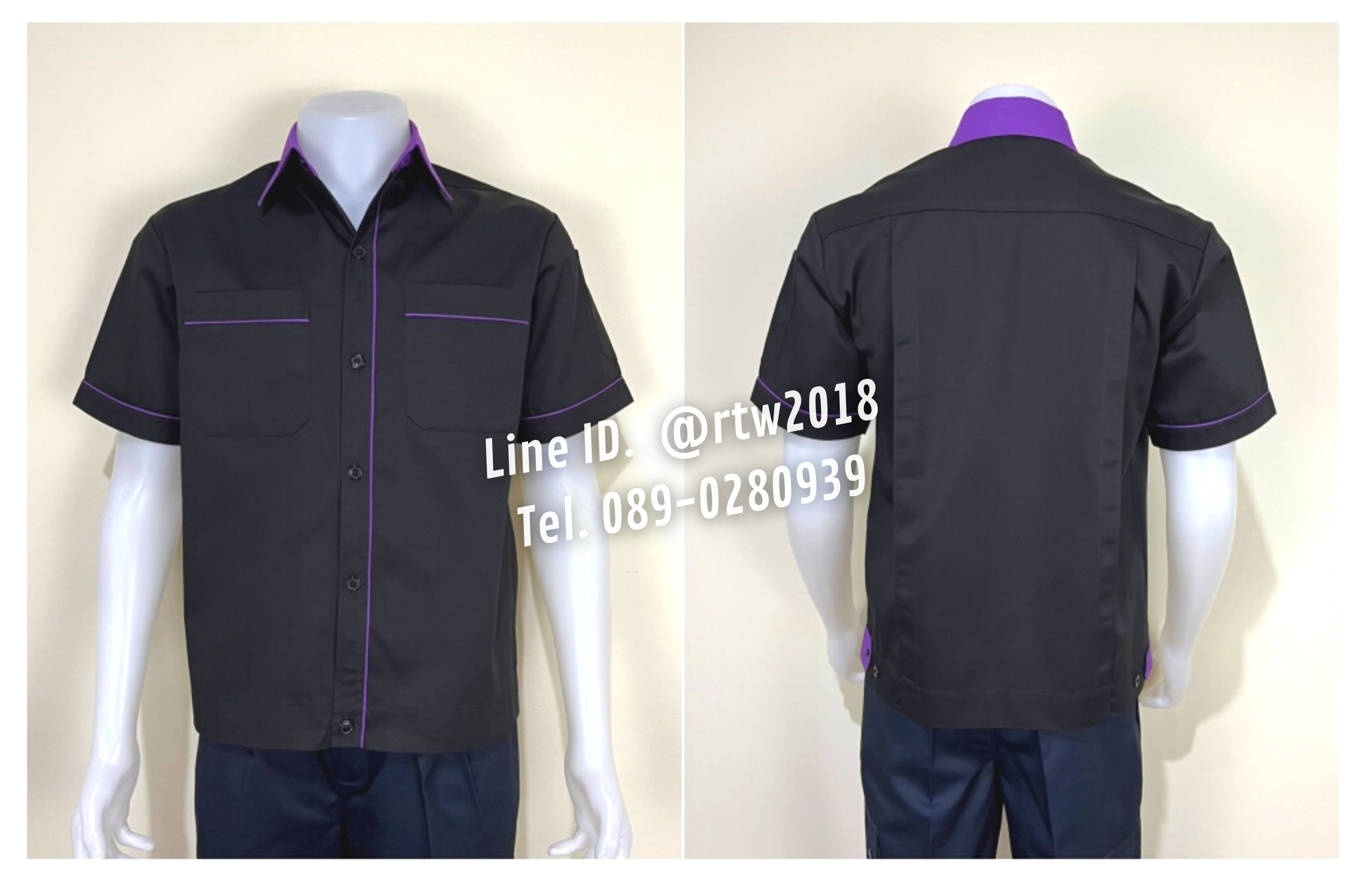 รหัส A7.1 : เสื้อช่างแขนสั้นผ้าคอมทวิวสีดำกุ้นม่วง