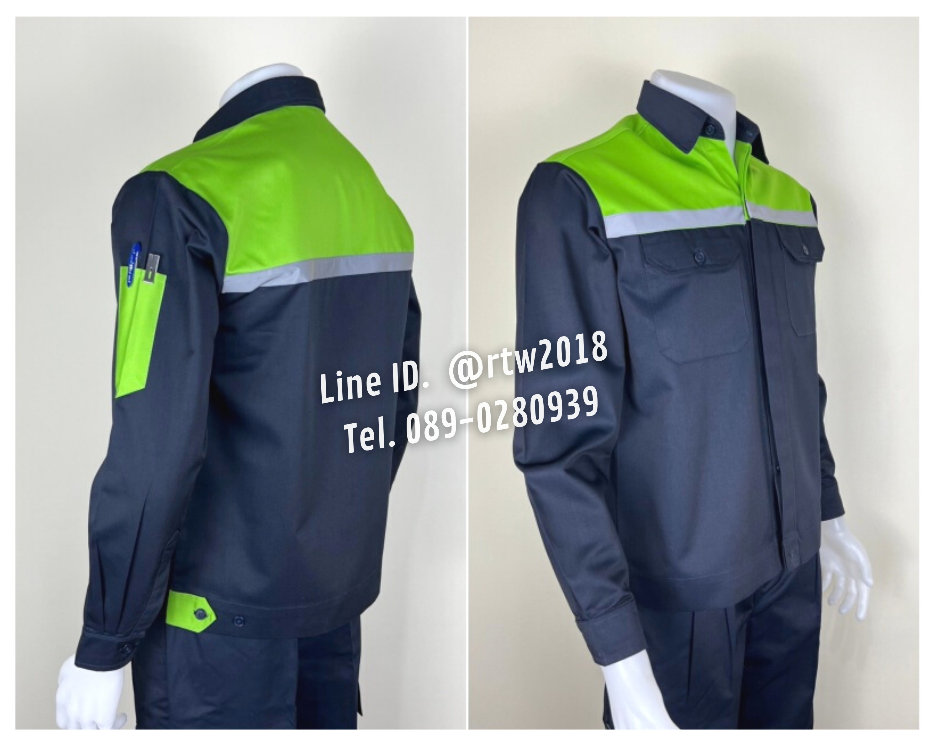 รหัส AB3.3 : เสื้อช่างแขนยาวผ้าคอมทวิวสีกรมท่าอกเขียวอ่อน (ซ่อนสาบ) ติดสะท้อนแสง