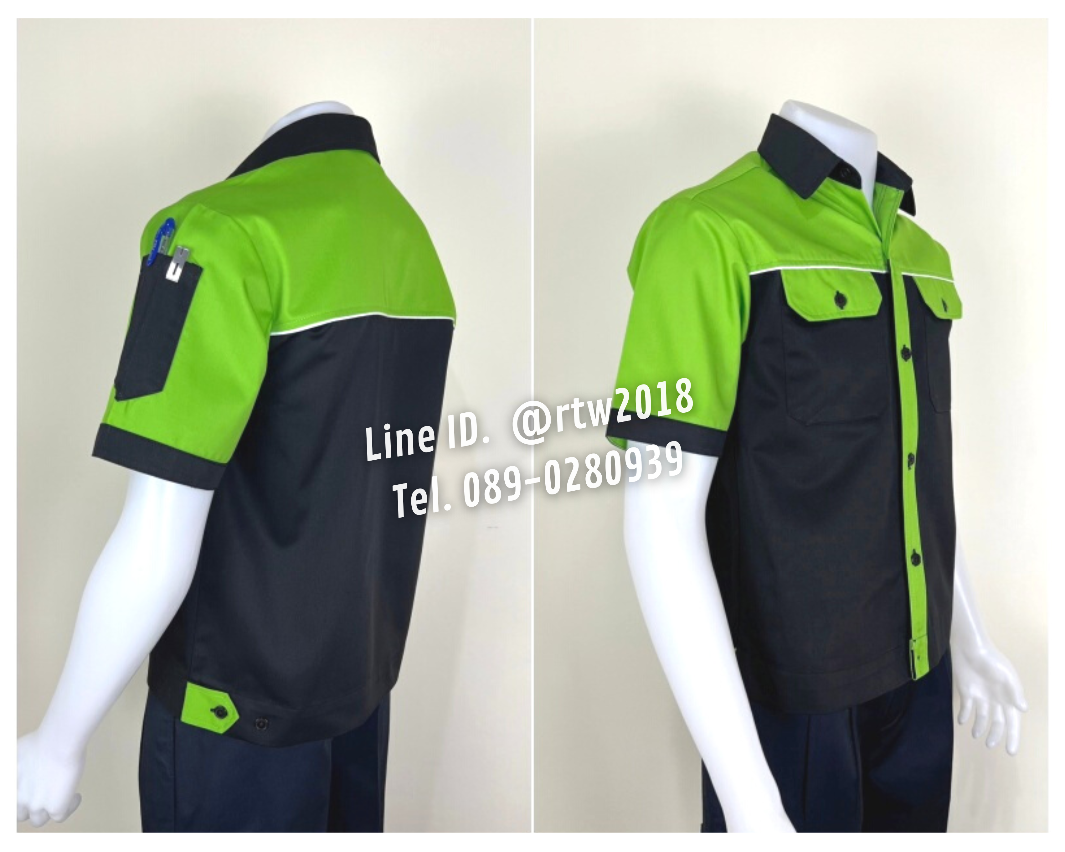 รหัส A27.4 : เสื้อช่างแขนสั้นผ้าคอมทวิวสีดำอก+แขนเขียวอ่อน (กุ้นขาว)