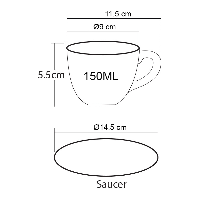 coffee cup 150 ML. Size M (Black-inside white) with Saucer