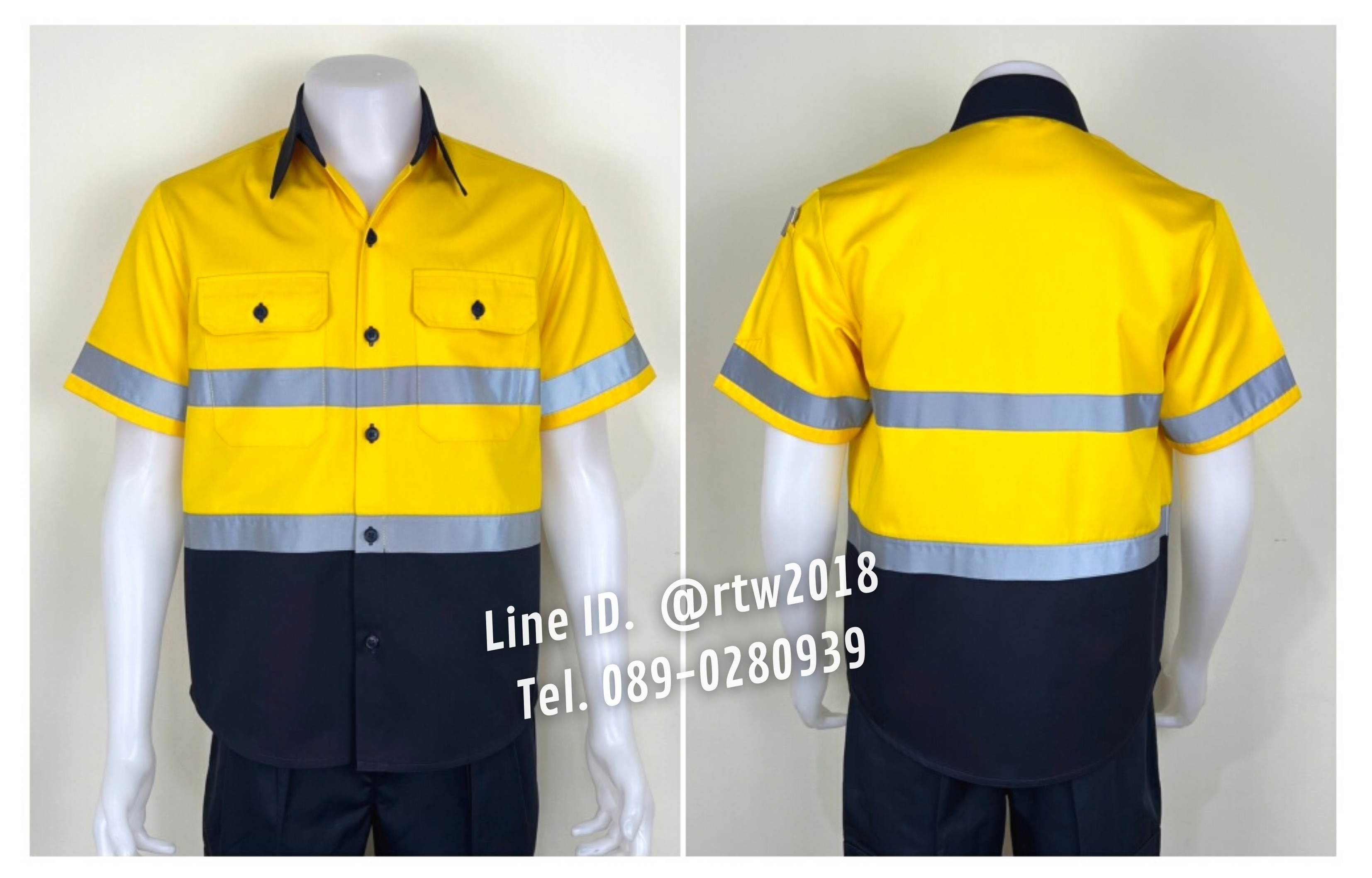 รหัส A36.1 : เสื้อช่างแขนสั้นผ้าคอมทวิว(กรมท่า/เหลือง) (ติดสะท้อนแสง) (รุ่น ลอนดอน)