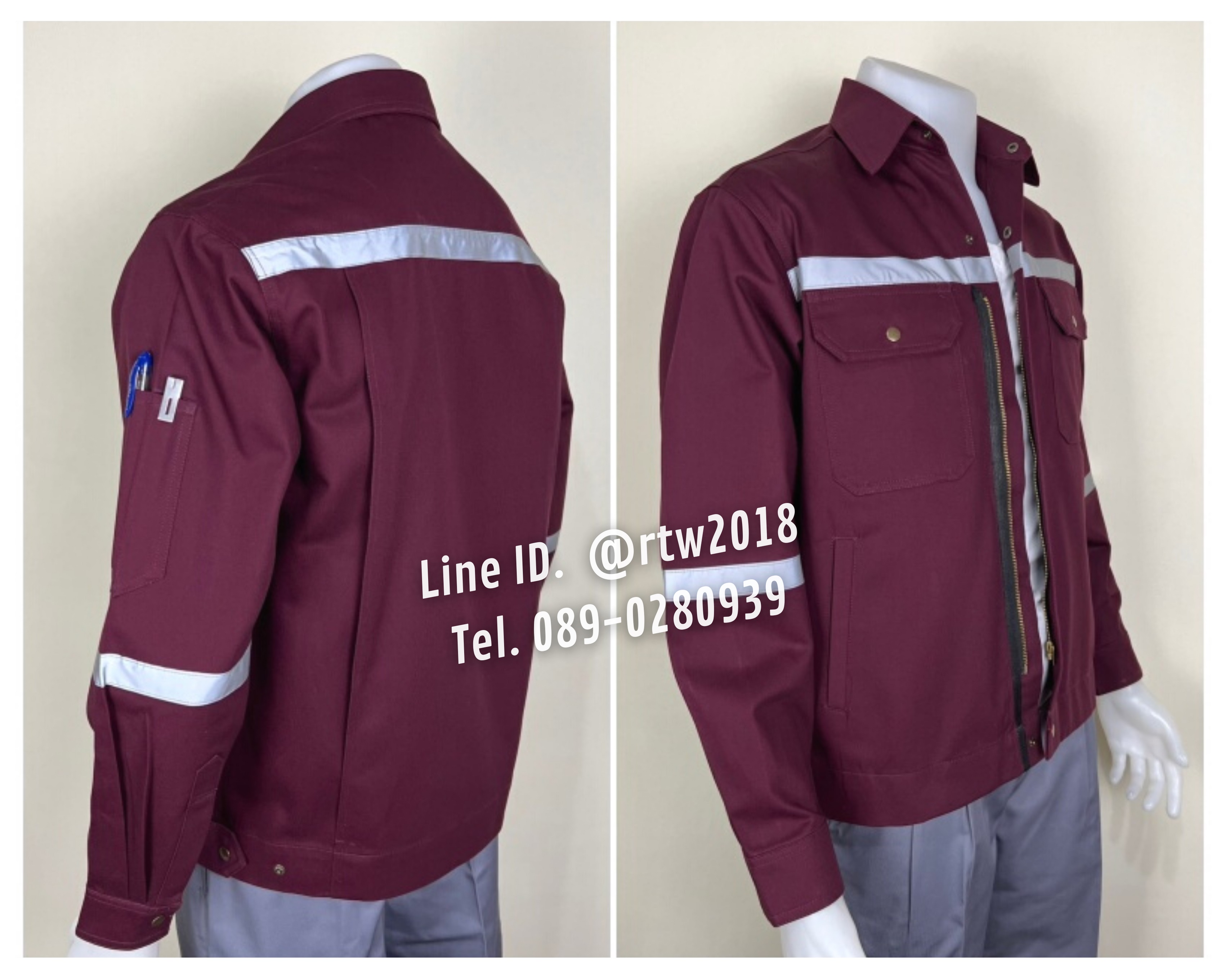 รหัส AB18.5 : เสื้อช่างแจ็คเก็ตแขนยาวผ้าเวสปอยท์ 4 กระเป๋าสีไวน์แดง (ติดสะท้อนแสง)