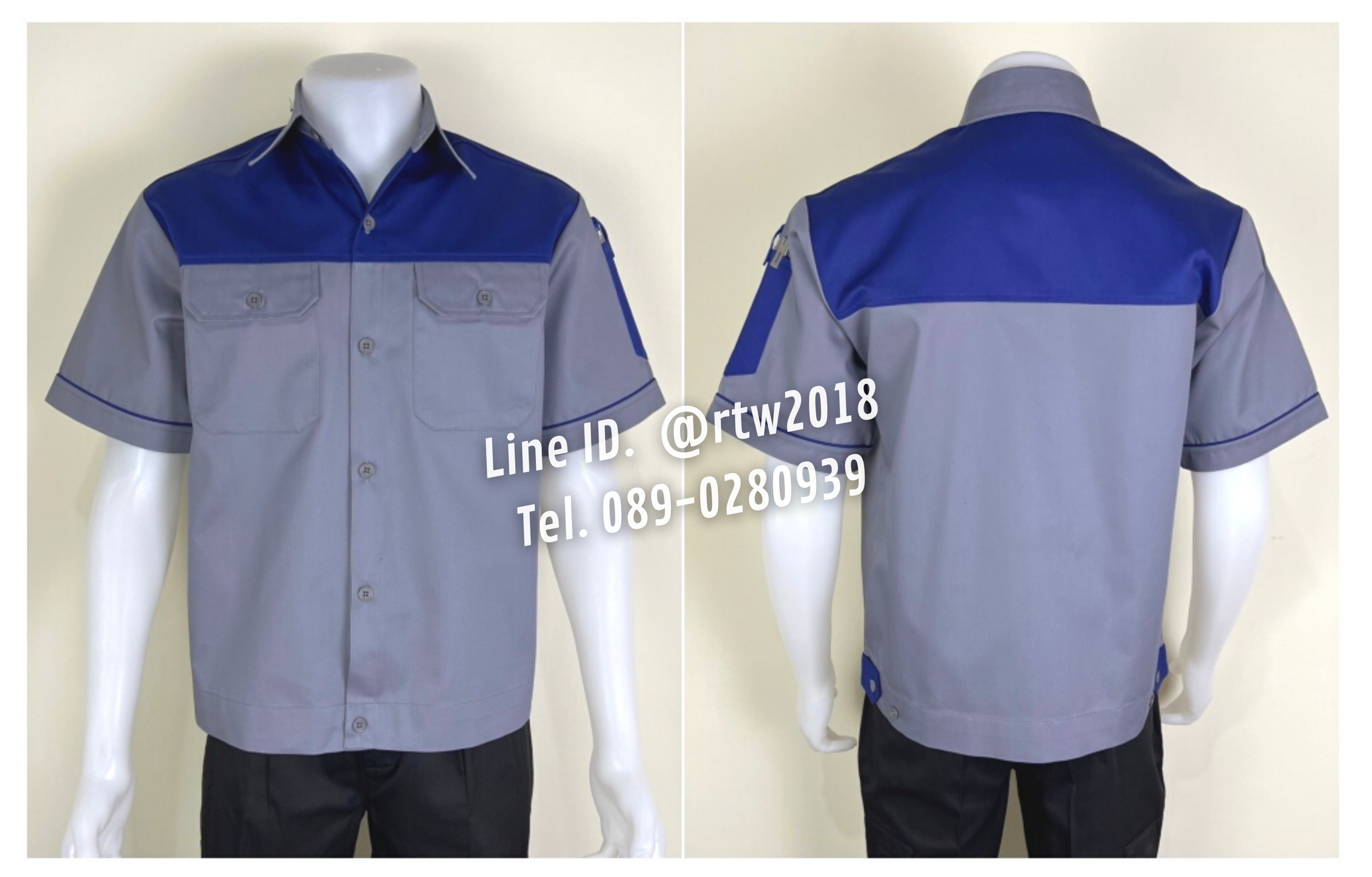 รหัส A22.1 : เสื้อช่างแขนสั้นผ้าคอมทวิวเทาอกน้ำเงิน