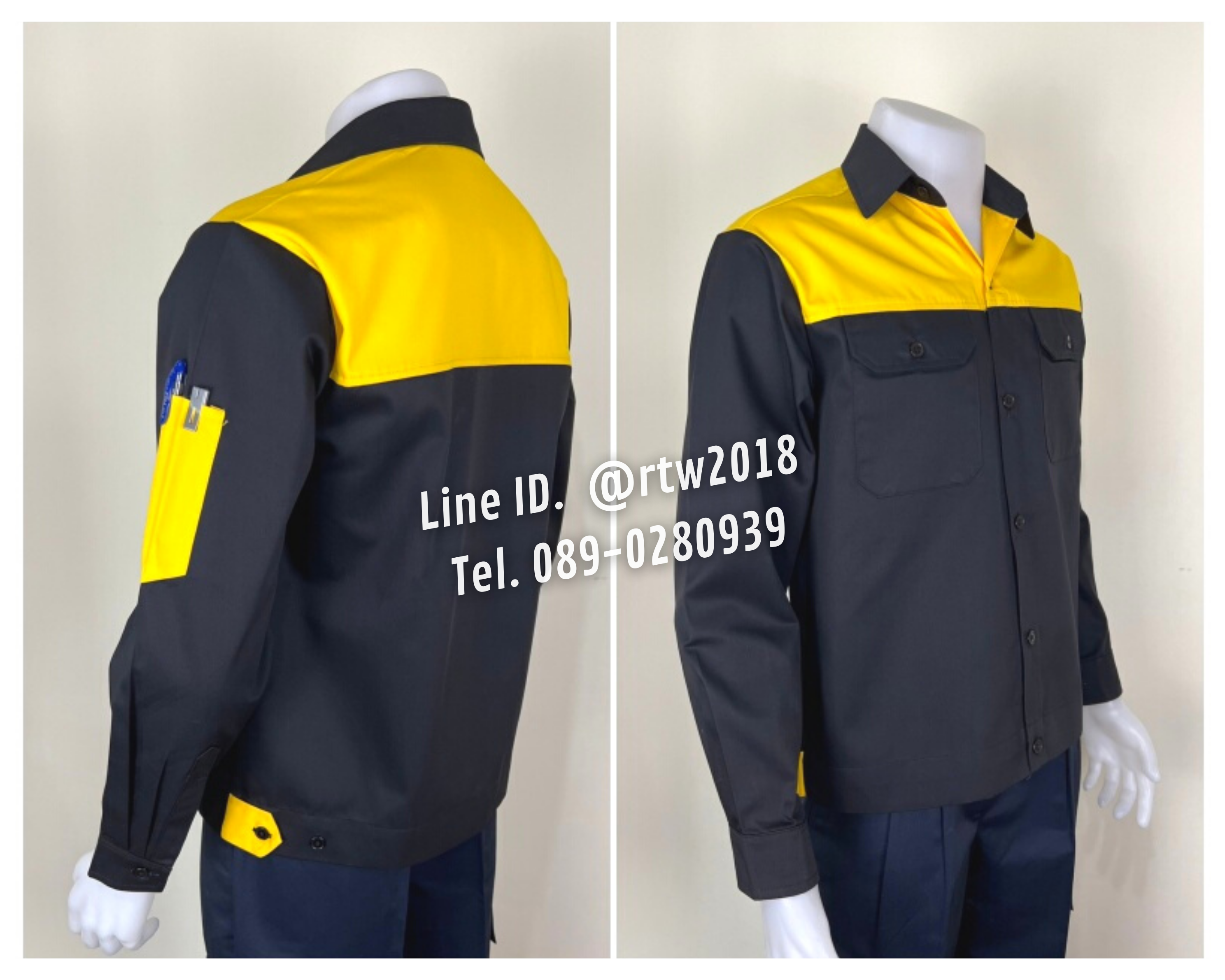 รหัส AB16.3 : เสื้อช่างแขนยาวผ้าคอมทวิวสีดำอกเหลือง