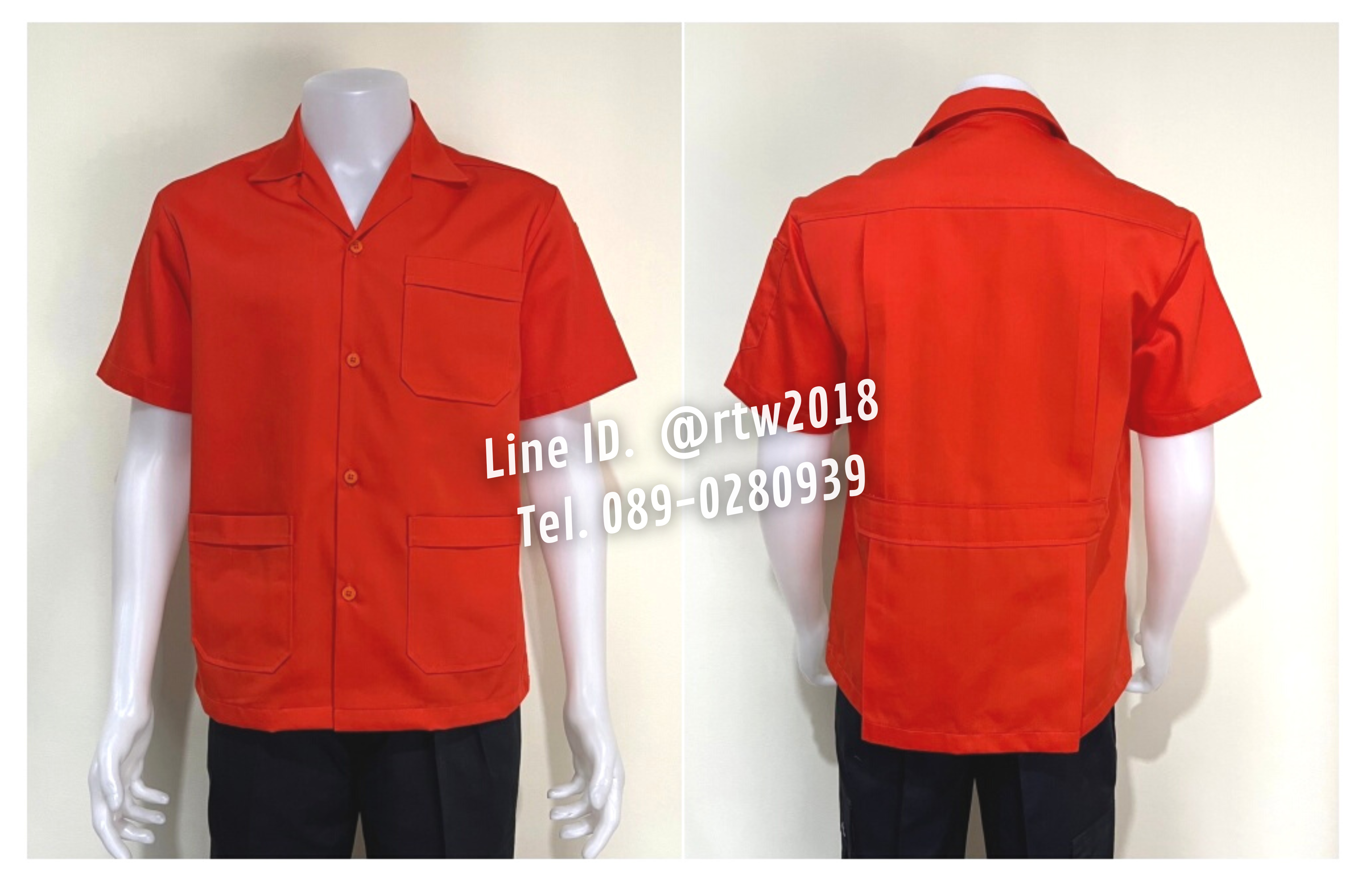 รหัส A1.6 : เสื้อช่างแขนสั้นผ้าคอมทวิวสามกระเป๋าสีส้มล้วน
