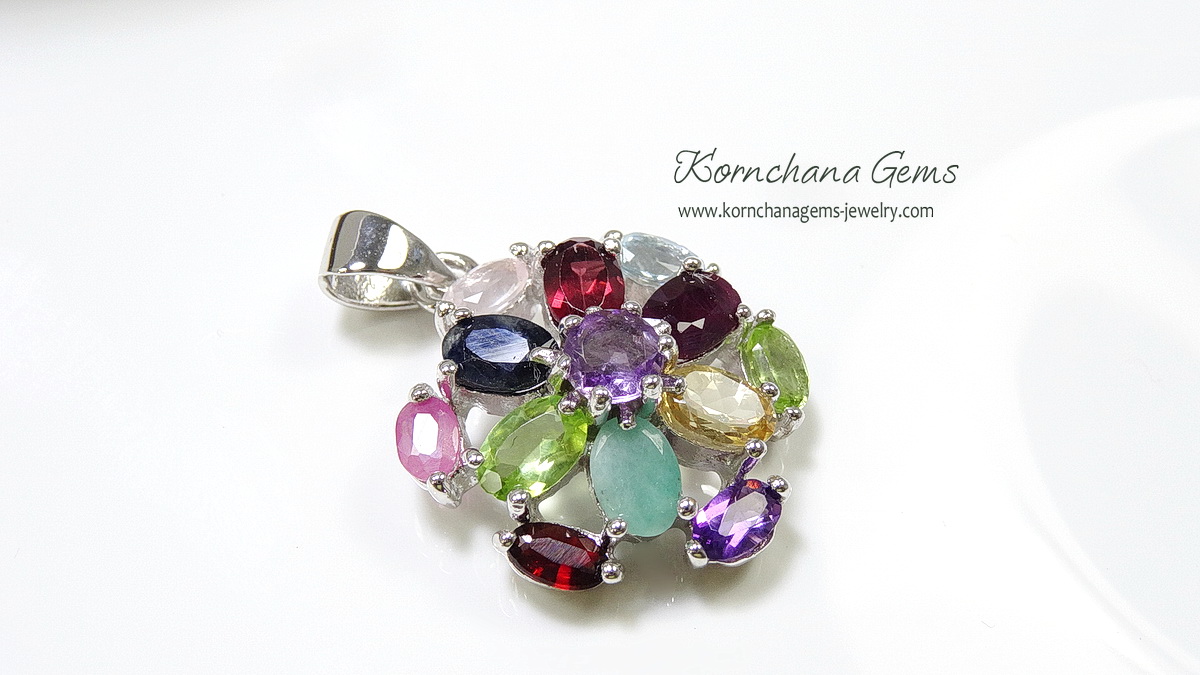 จี้พลอยแท้ multicolor gems pendant จี้พลอยนำโชค จี้พลอย 9 สี ทั้งแดงการ์เนท ชมพูทับทิม ม่วงอเมทิสท์ น้ำเงินไพลิน เขียวเพอริดอท