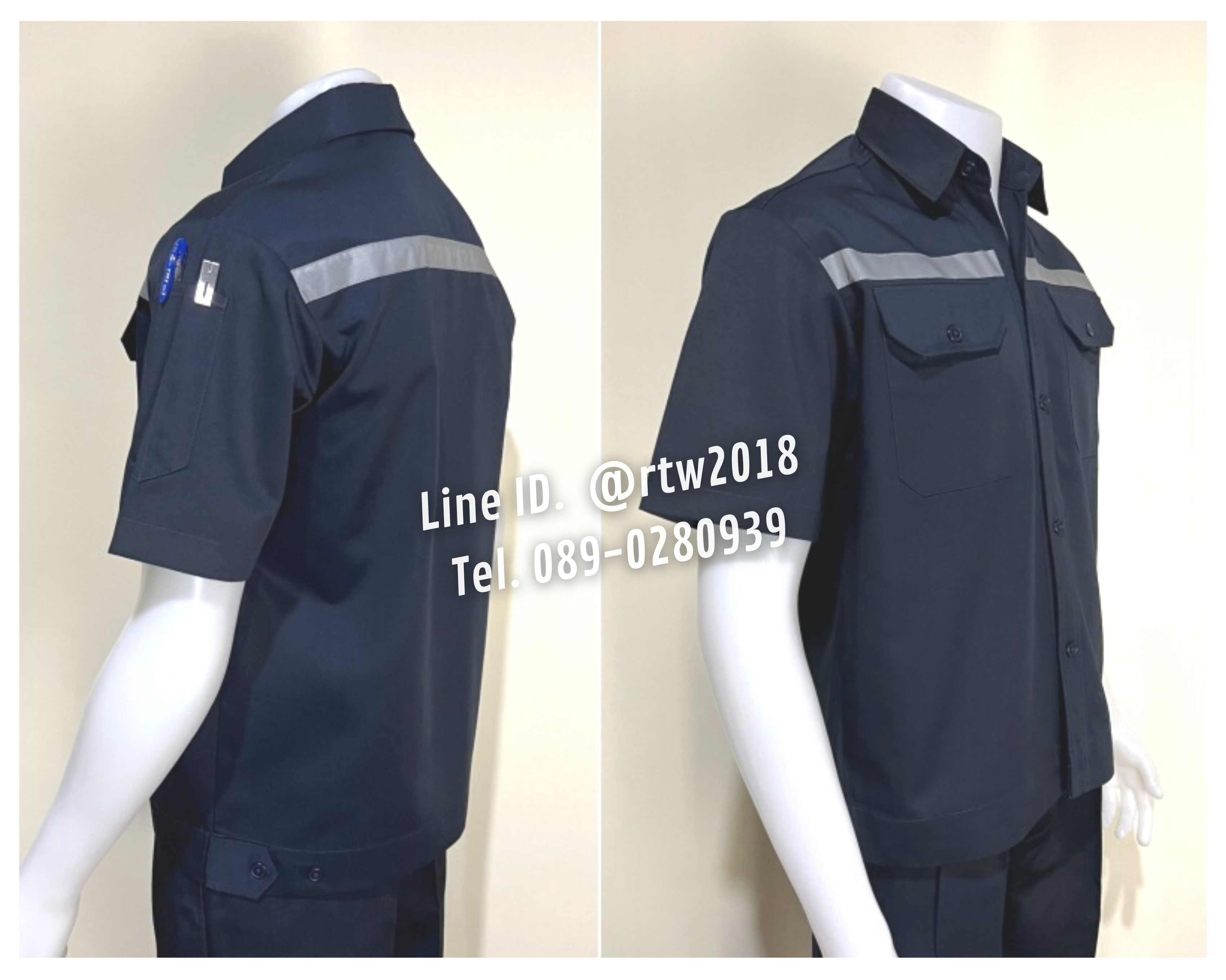 รหัส A2.1 : เสื้อช่างแขนสั้นผ้าคอมทวิวสองกระเป๋าที่อกสีกรมท่าล้วน (ติดสะท้อนแสง)