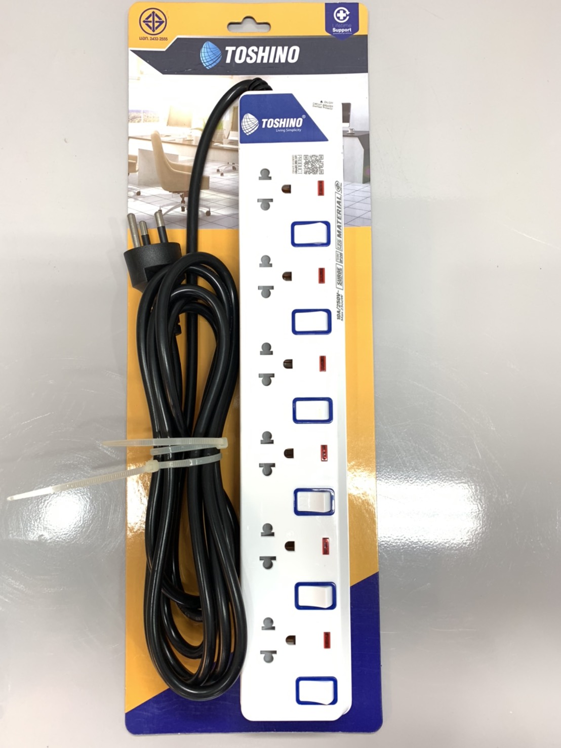 รางปลั๊ก 6 ที่ 3 เมตร โตชิโน 6 สวิทซ์ มีกันกระชาก