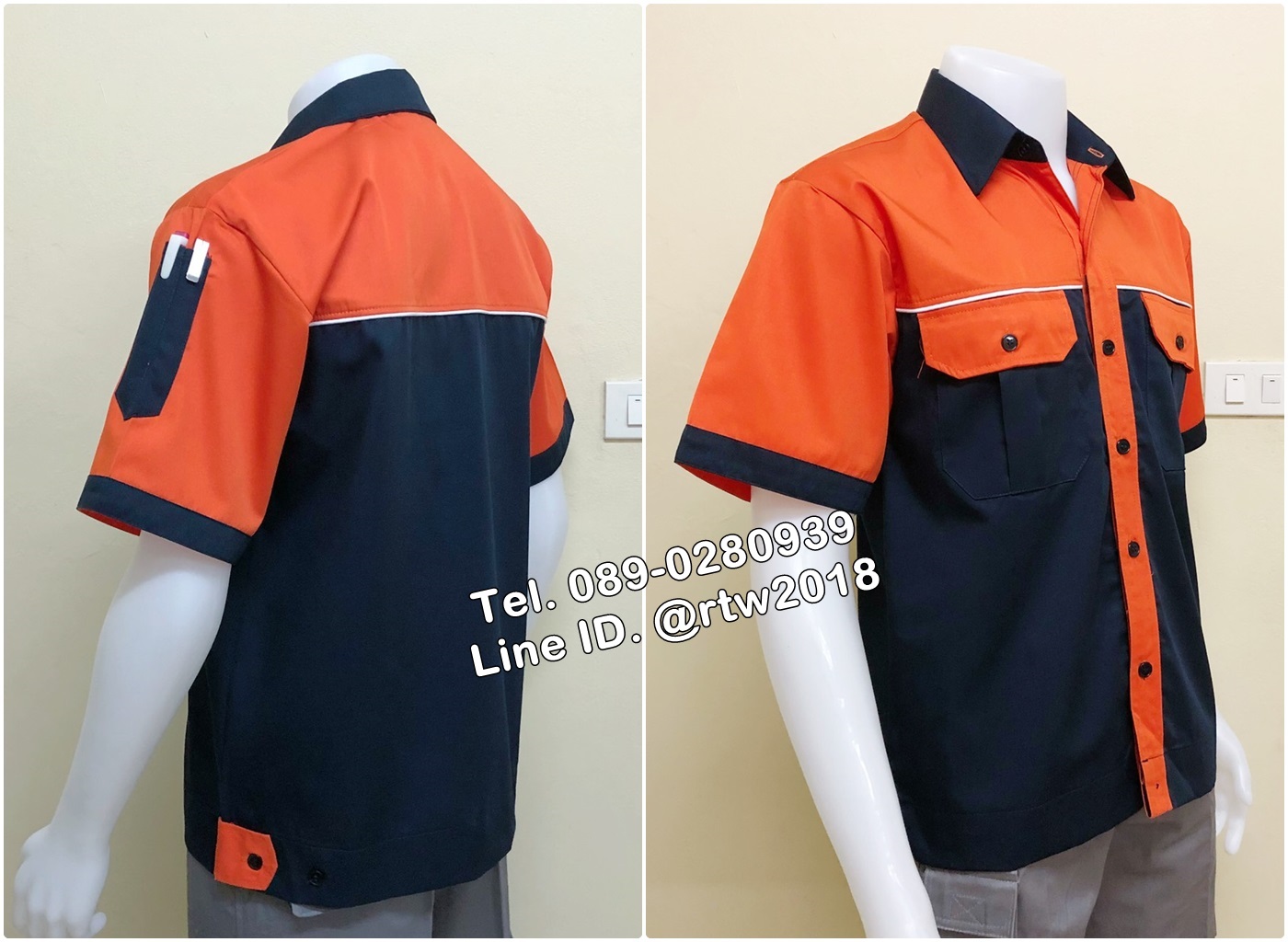 รหัส A77 : เสื้อช็อปแขนสั้นแบบกรมอกส้มกุ้นขาว(วัชรี)