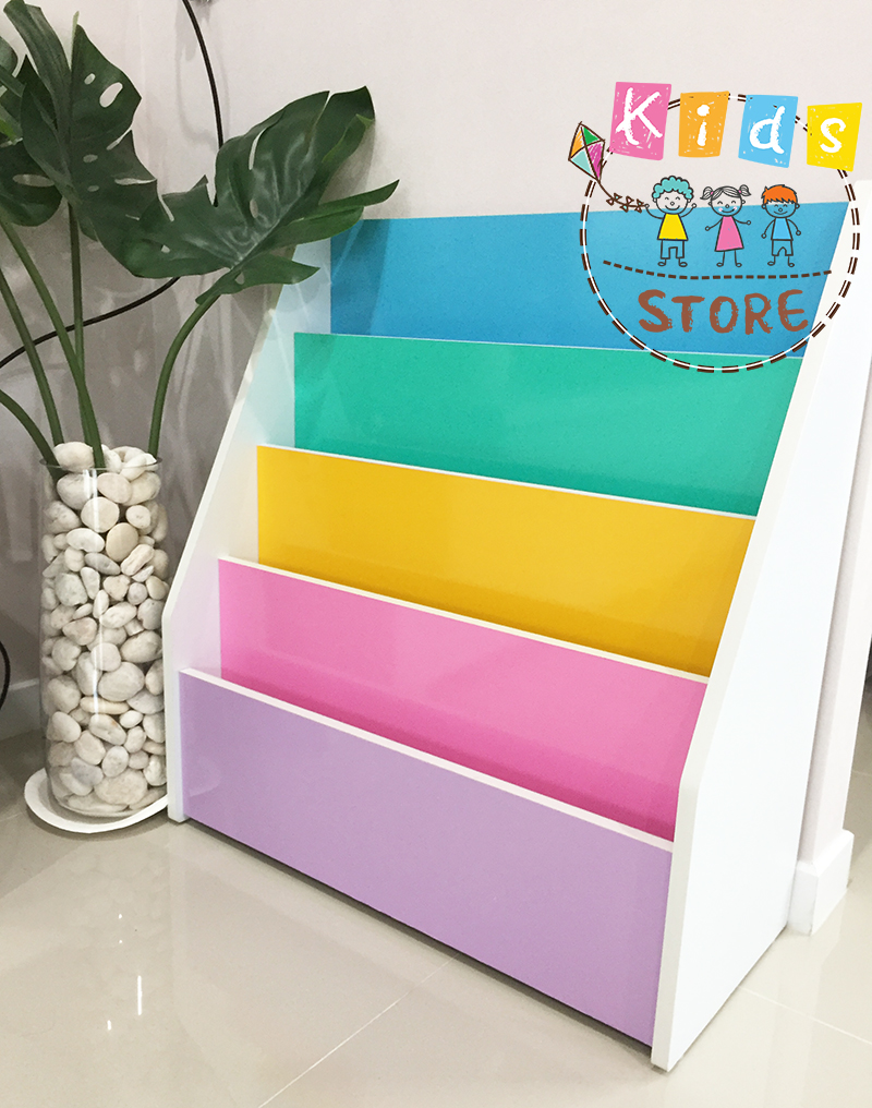 ชั้นวางหนังสือ ชั้นวางหนังสือเด็ก ชั้นวางหนังสือโชว์ปก สีพาสเทล