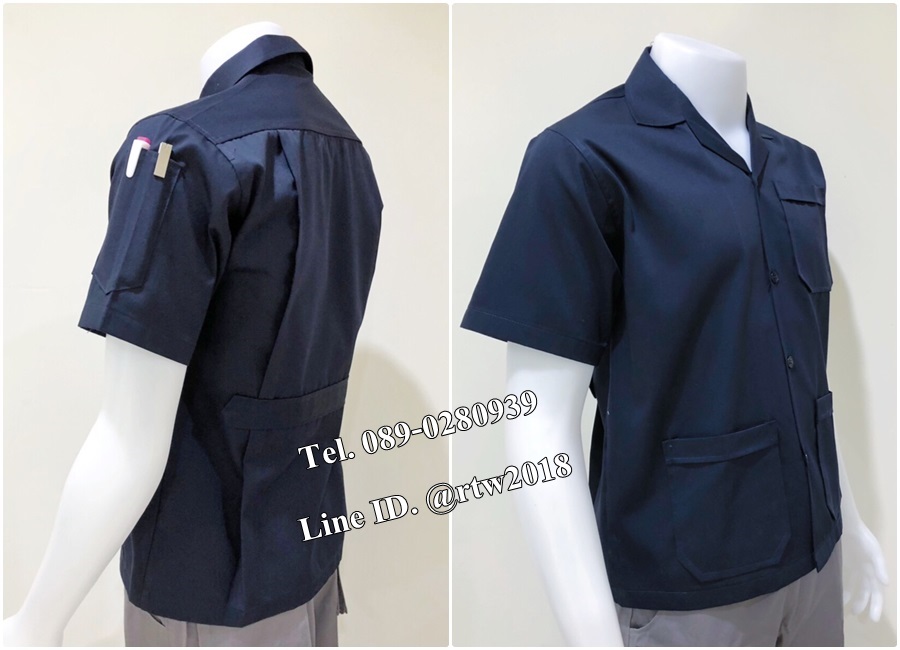 รหัส A95 : เสื้อช็อปแขนสั้นแบบสามกระเป๋าสีกรมท่าล้วน