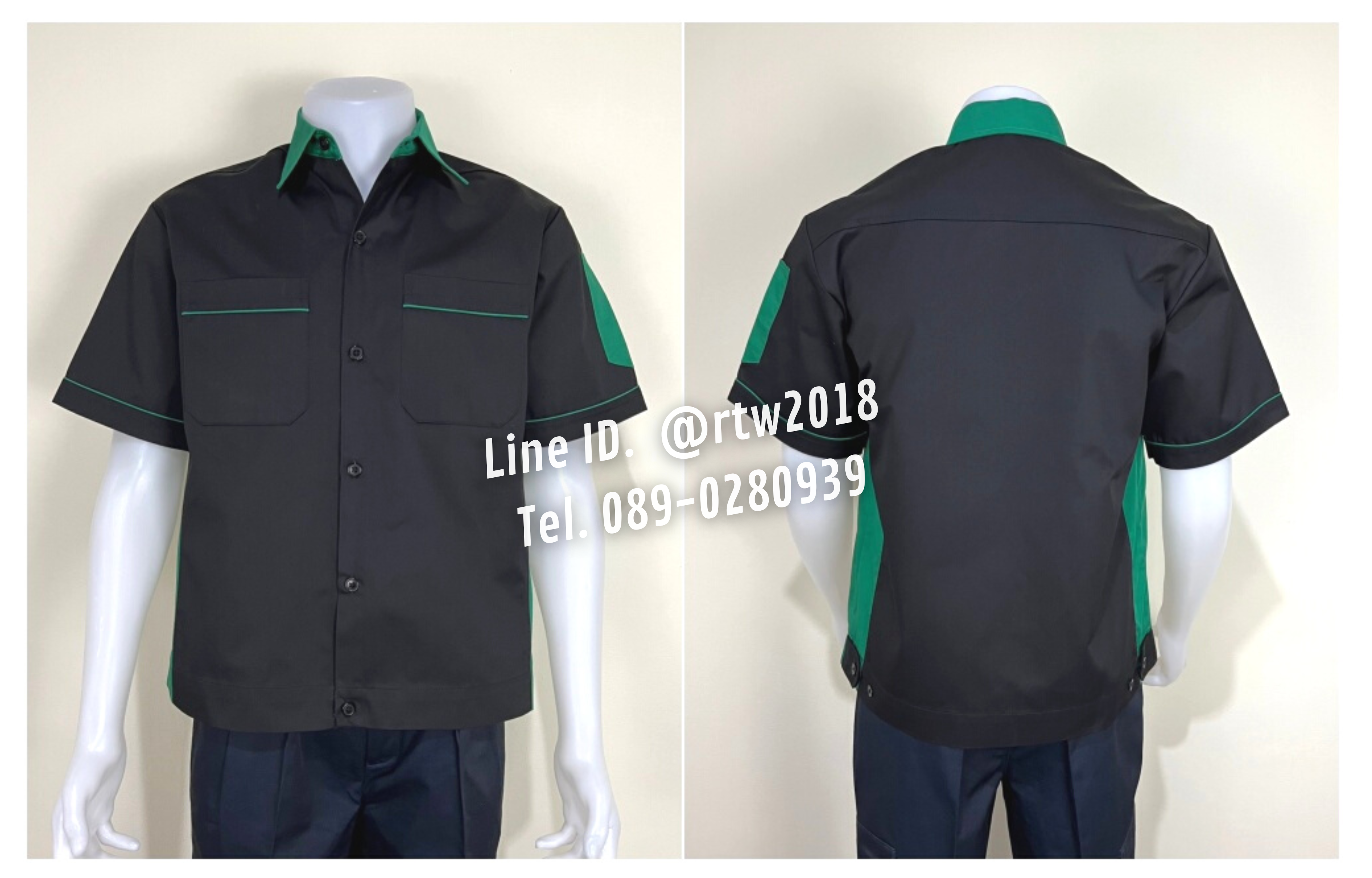 รหัส A13.4 : เสื้อช่างแขนสั้นผ้าคอมทวิวสีดำข้างเขียวเข้ม