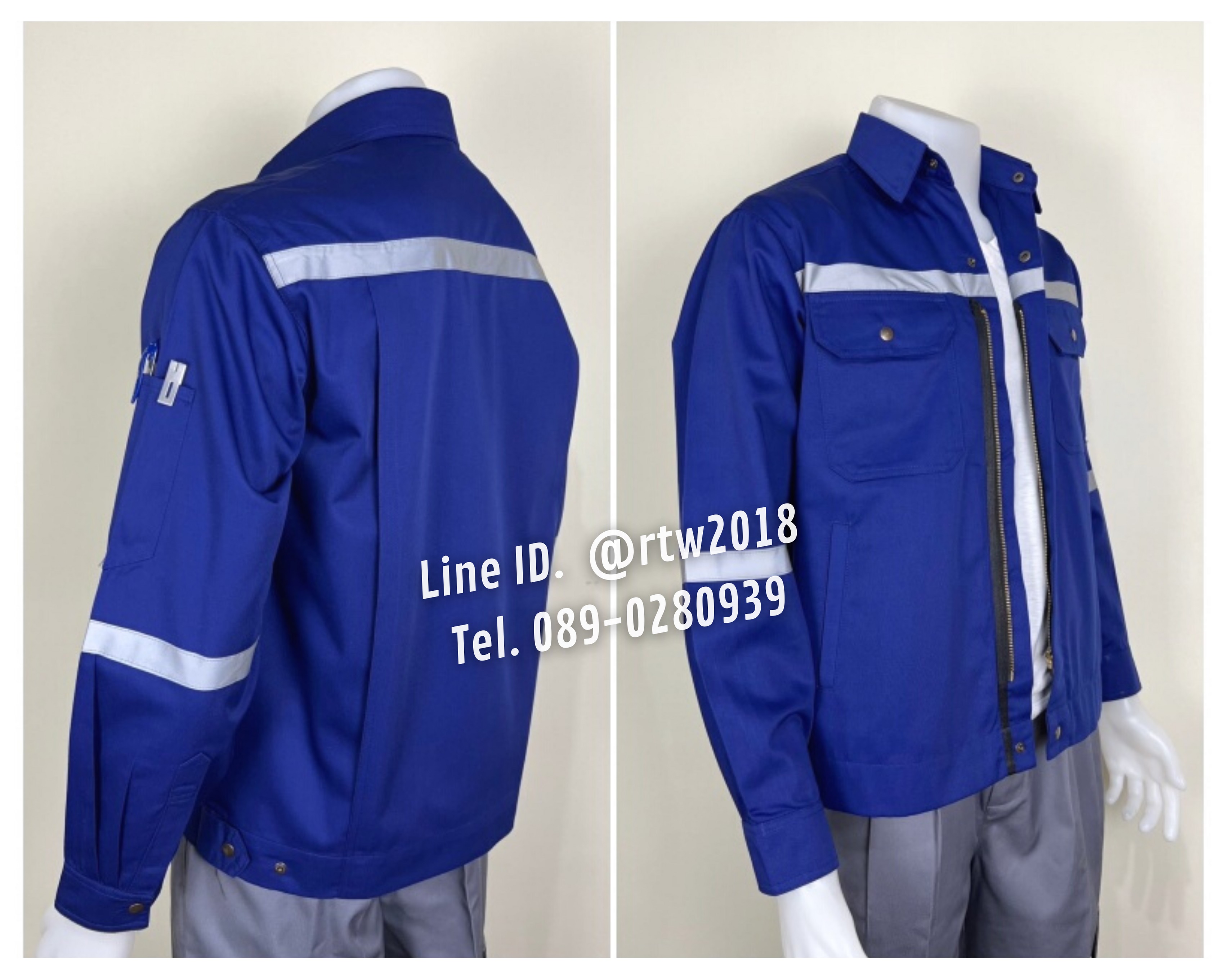 รหัส AB17.6 : เสื้อช่างแจ็คเก็ตแขนยาวผ้าคอมทวิว 4 กระเป๋าสีน้ำเงิน (ติดสะท้อนแสง)