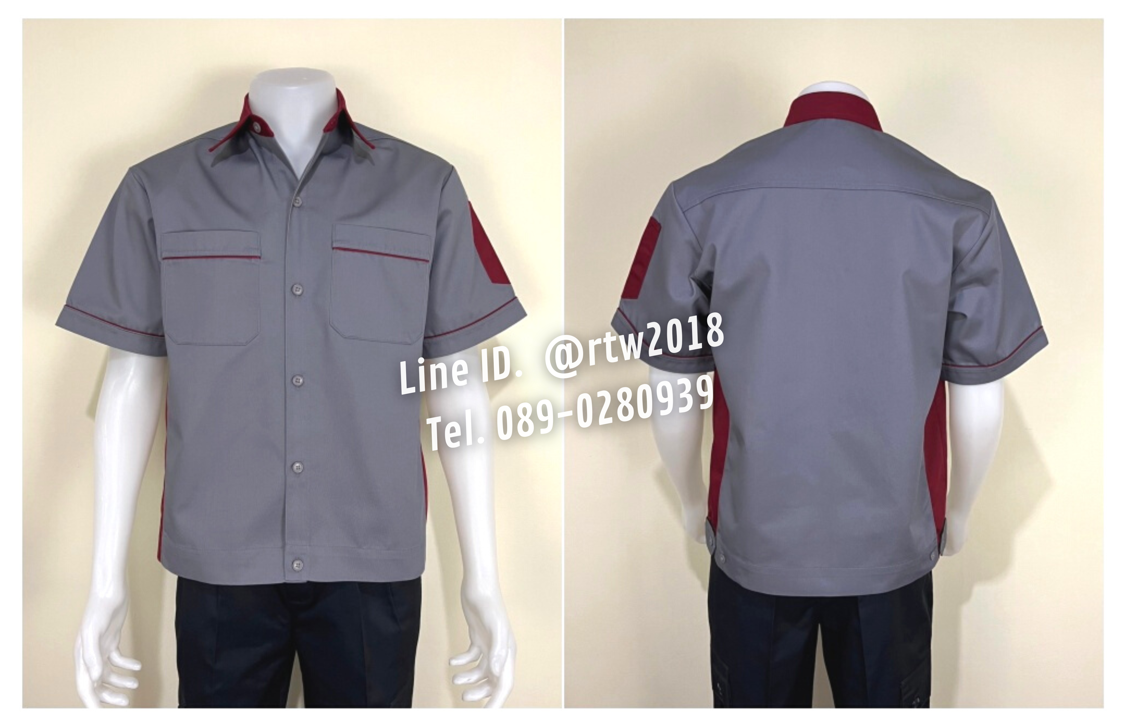 รหัส A11.12 : เสื้อช่างแขนสั้นผ้าคอมทวิวสีเทาข้างเลือดหมู