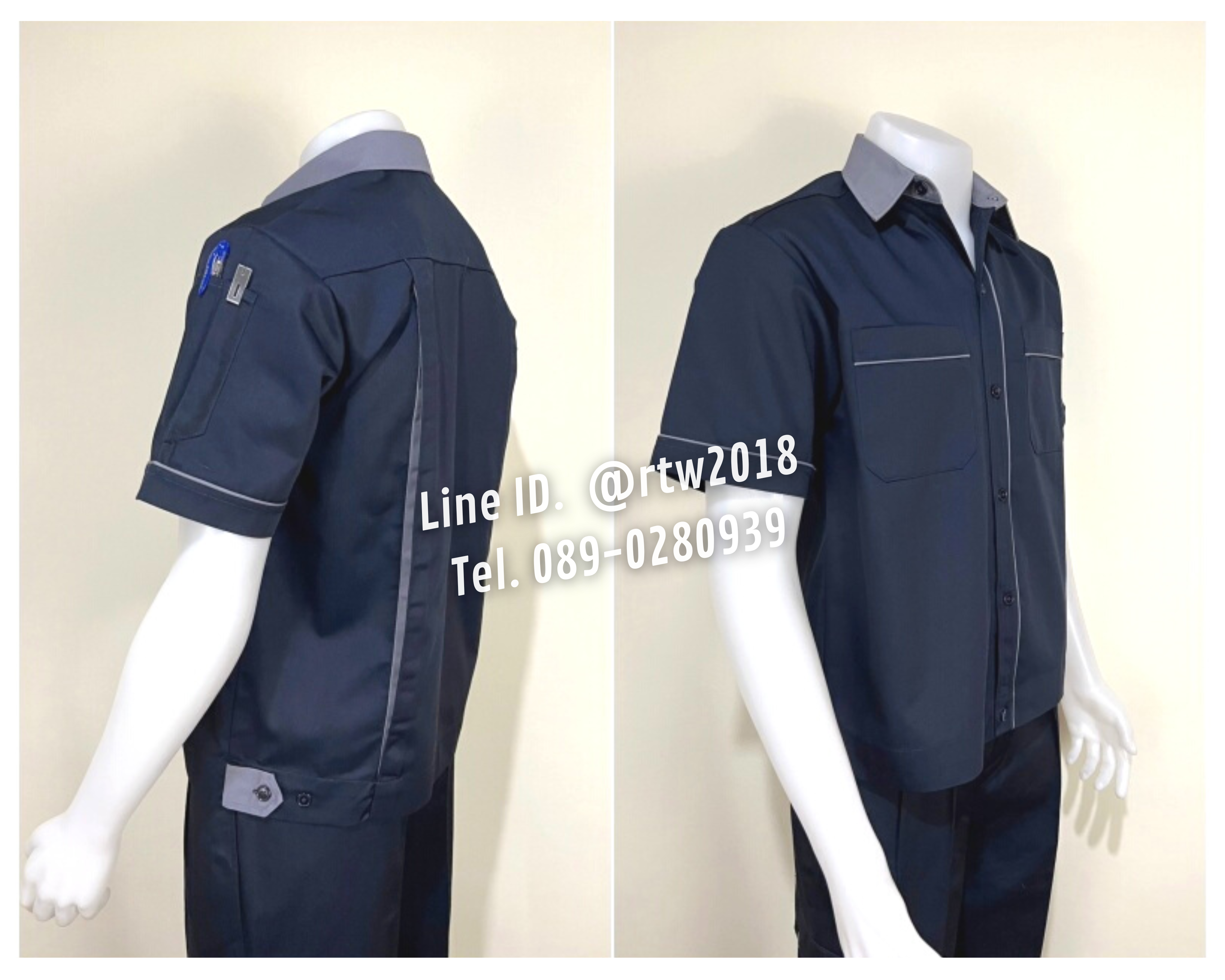 รหัส A6.13 : เสื้อช่างแขนสั้นผ้าคอมทวิวสีกรมท่ากุ้นเทา