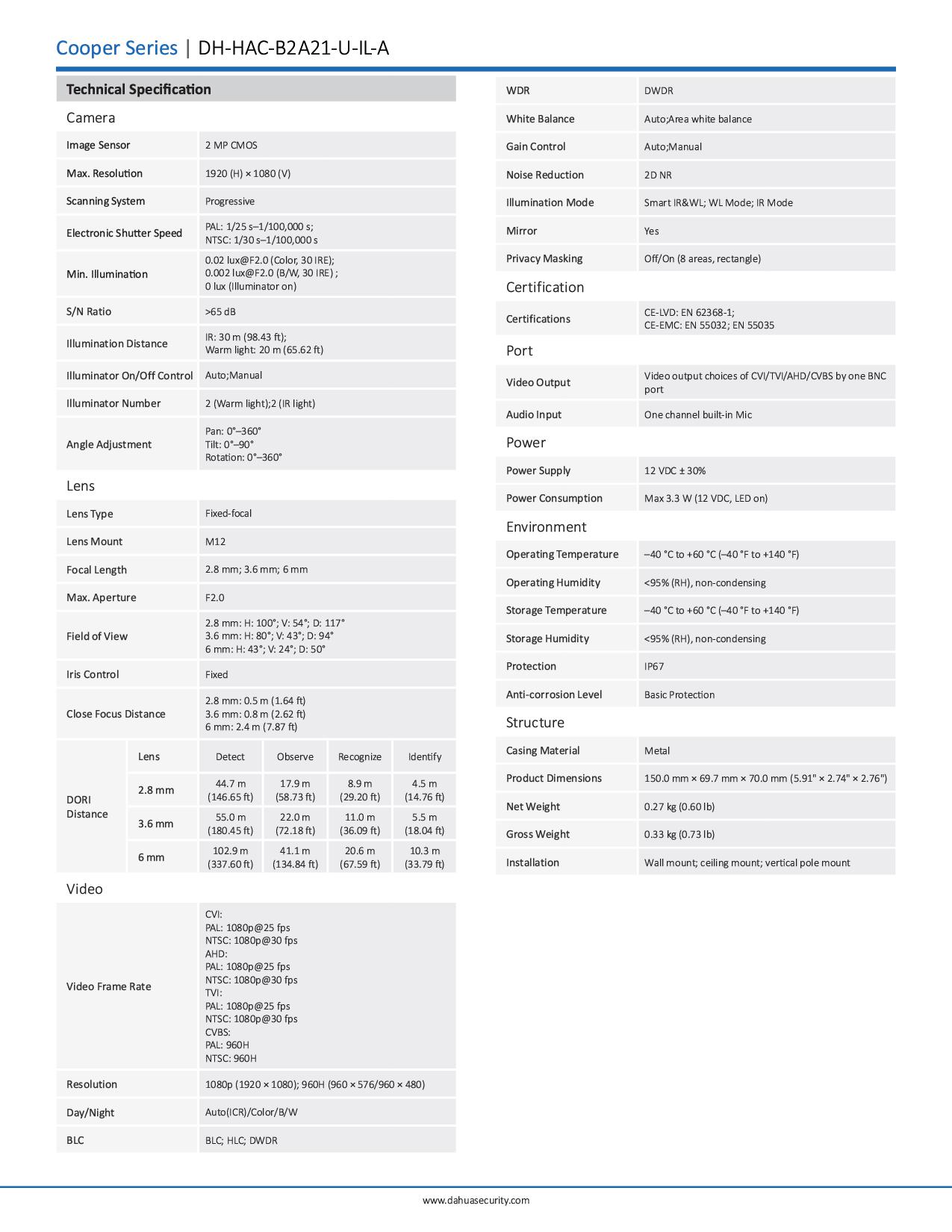 กล้อง Dahua HAC-B2A21-U-IL-A (2MP) ภาพและเสียง ภาพสี 24 ชม.