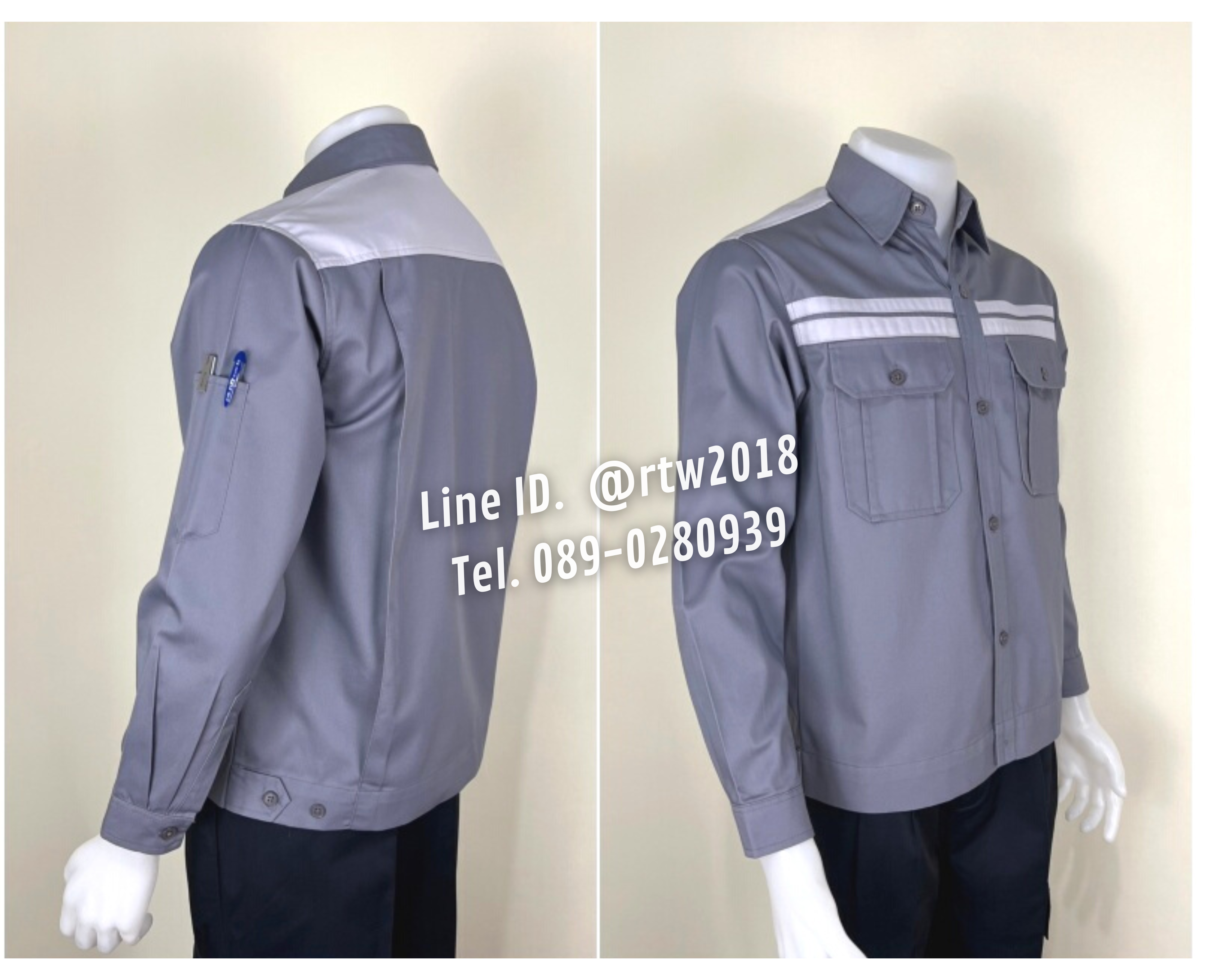 รหัส AB8.4 : เสื้อช่างแขนยาวผ้าคอมทวิวสีเทาคาดอกเทาอ่อนคู่