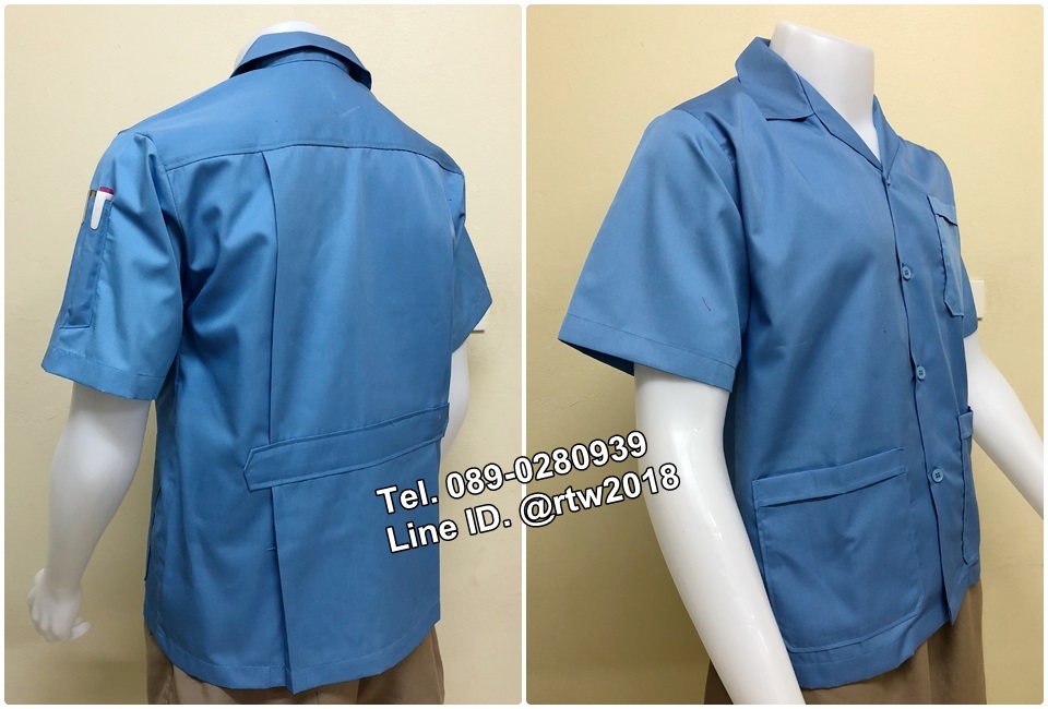 รหัส A10 : เสื้อช็อปแขนสั้นแบบสามกระเป๋าสีฟ้าล้วน