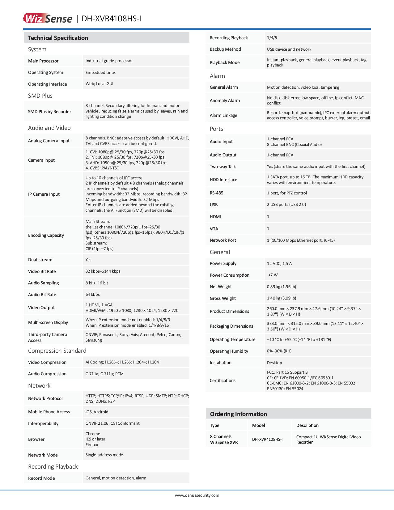 Dahua XVR4108HS-I เครื่องบันทึกกล้องวงจรปิด 8 ช่อง