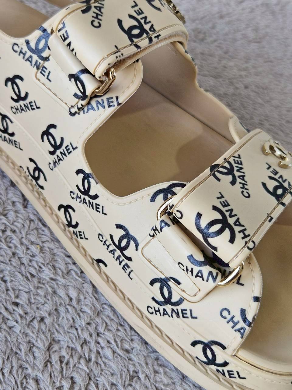 Chanel CC Dad Sandals In Rubber with God Hardware Beige