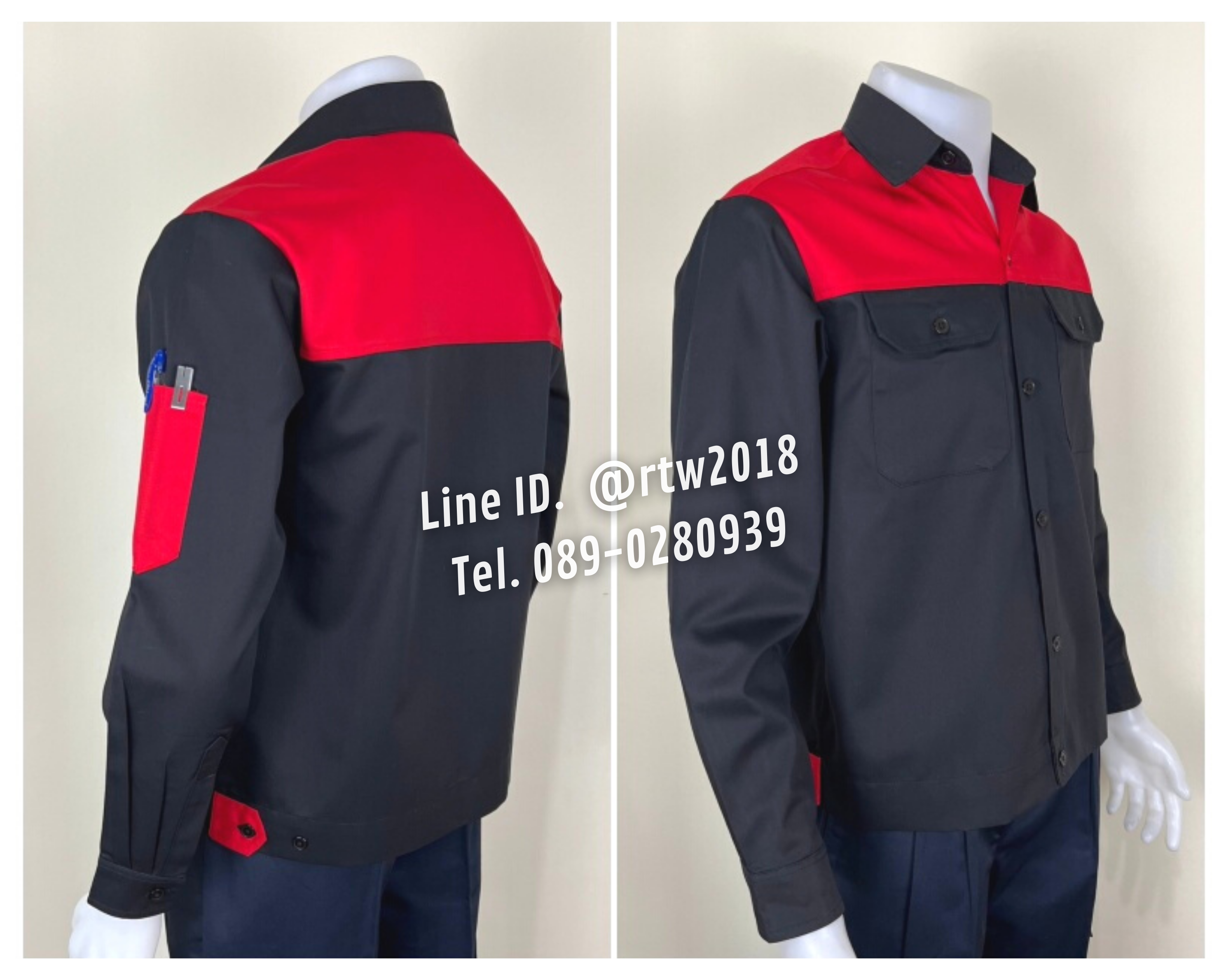 รหัส AB16.1 : เสื้อช่างแขนยาวผ้าคอมทวิวสีดำอกแดง