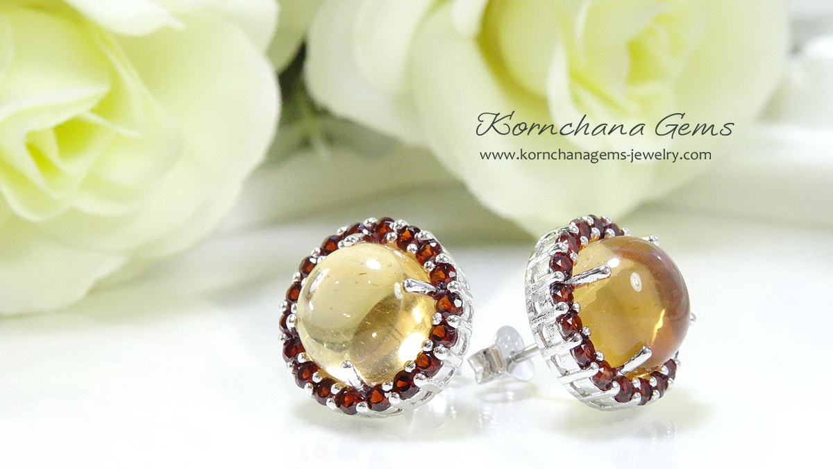 เซ็ทอัญมณี เครื่องประดับคนเกิดวันจันทร์ เซ็ทจี้พร้อมสร้อยเงินแท้ ต่างหูและแหวนพลอยซิทรินล้อมการ์เนทสีน้ำตาลแดงตัวเรือนเงินแท้ชุบทองคำขาว ชิ้นงานคุณภาพสุดๆ ไม่พอใจยินดีคืนเงิน